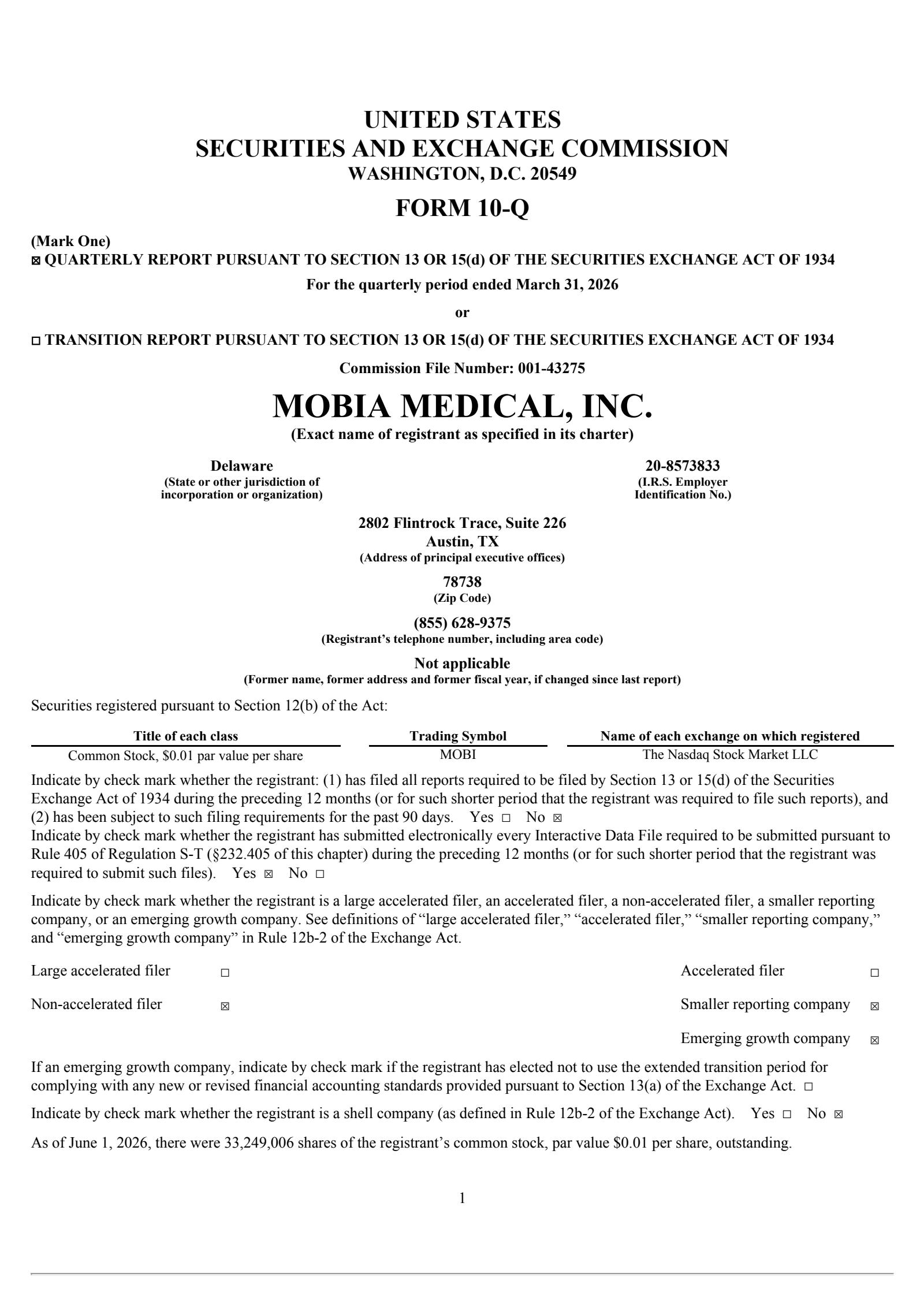 Mobia Medical's Q1 2026 Quarterly report