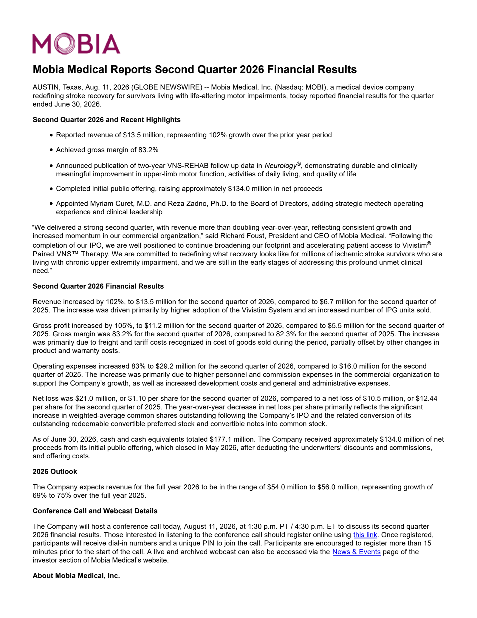 Mobia Medical's Q2 2026 Press Release