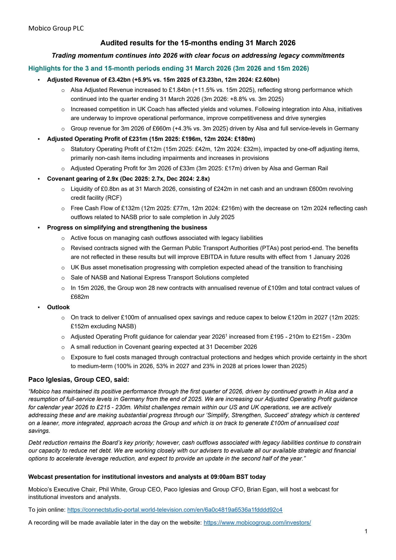 Mobico Group's H2 2025 & Q1 2026 Interim report