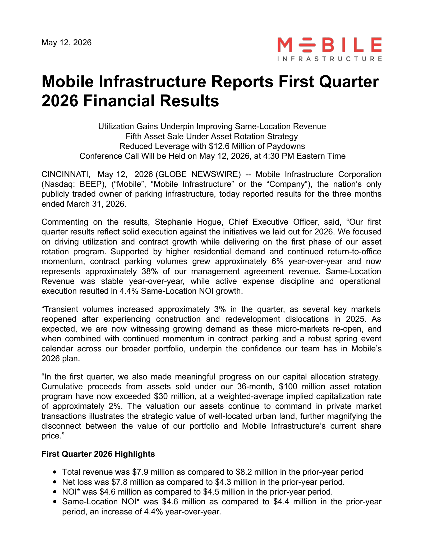 Mobile Infrastructure's Q1 2026 Press Release