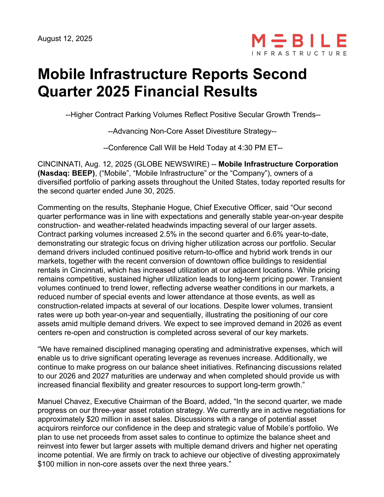 Mobile Infrastructure's Q2 2025 Press Release