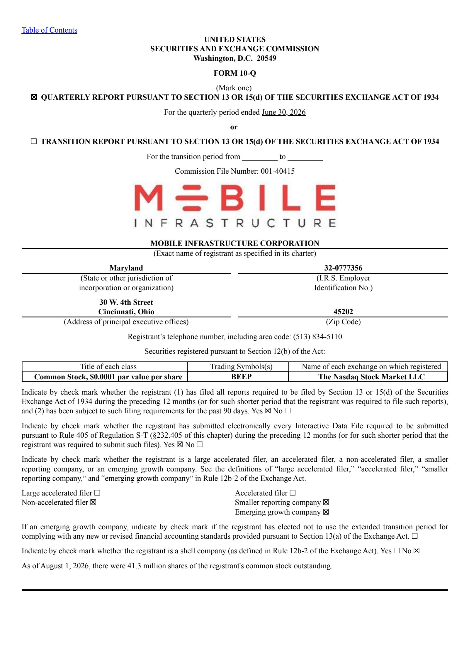 Mobile Infrastructure's Q2 2026 Quarterly report
