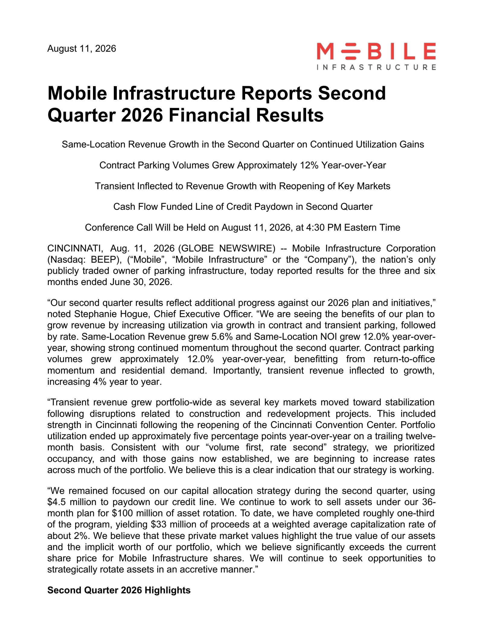 Mobile Infrastructure's Q2 2026 Press Release