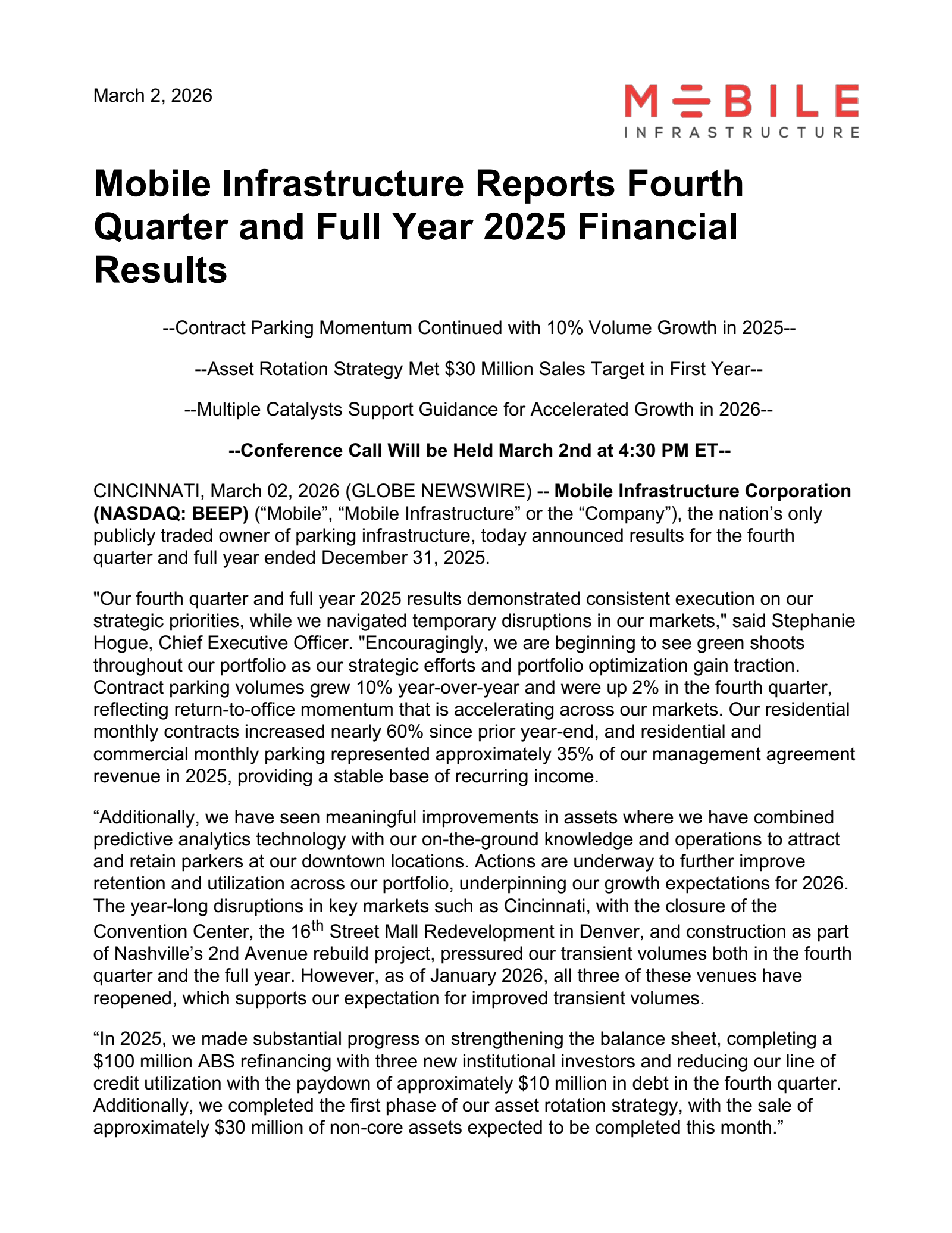 Mobile Infrastructure's Q4 2025 Press Release