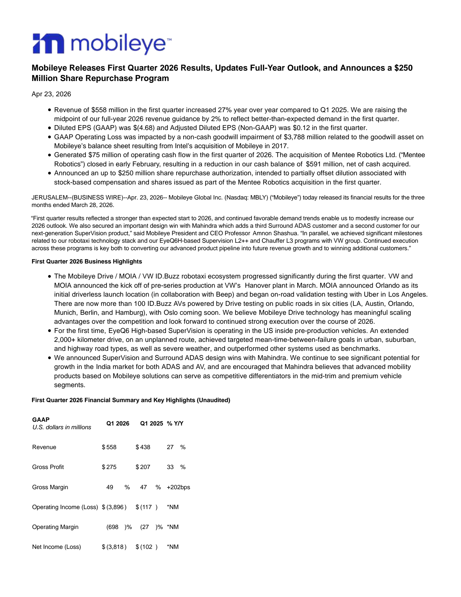 Mobileye Global's Q1 2026 Press Release