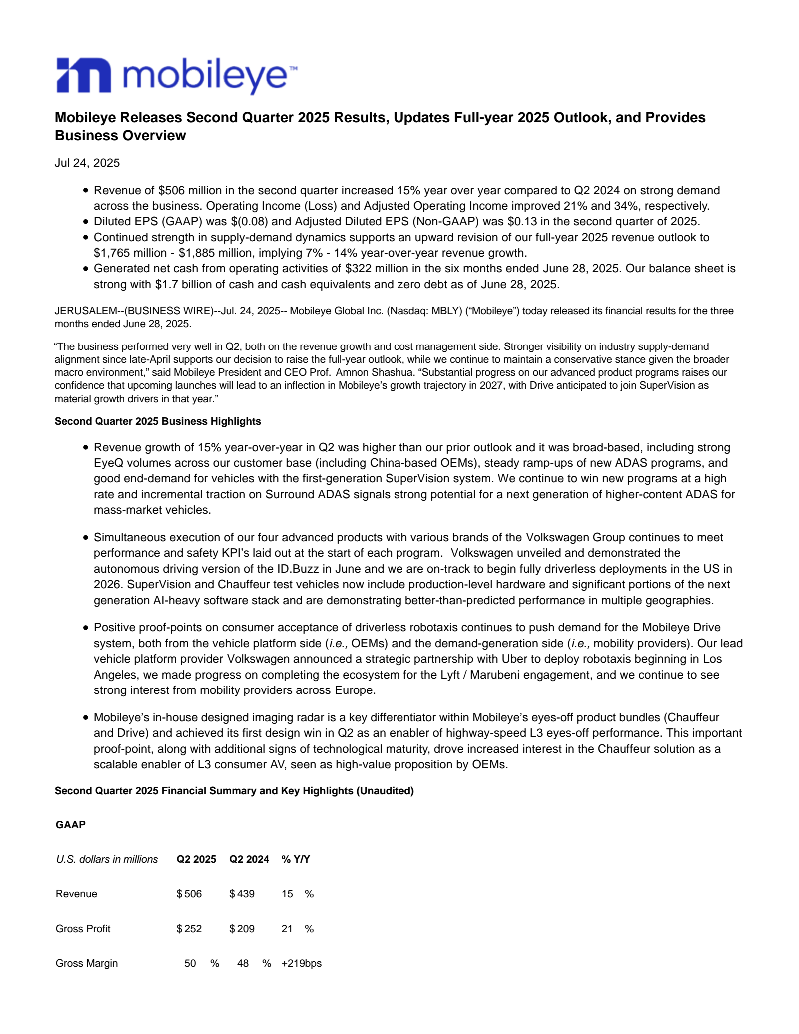 Mobileye Global's Q2 2025 Press Release