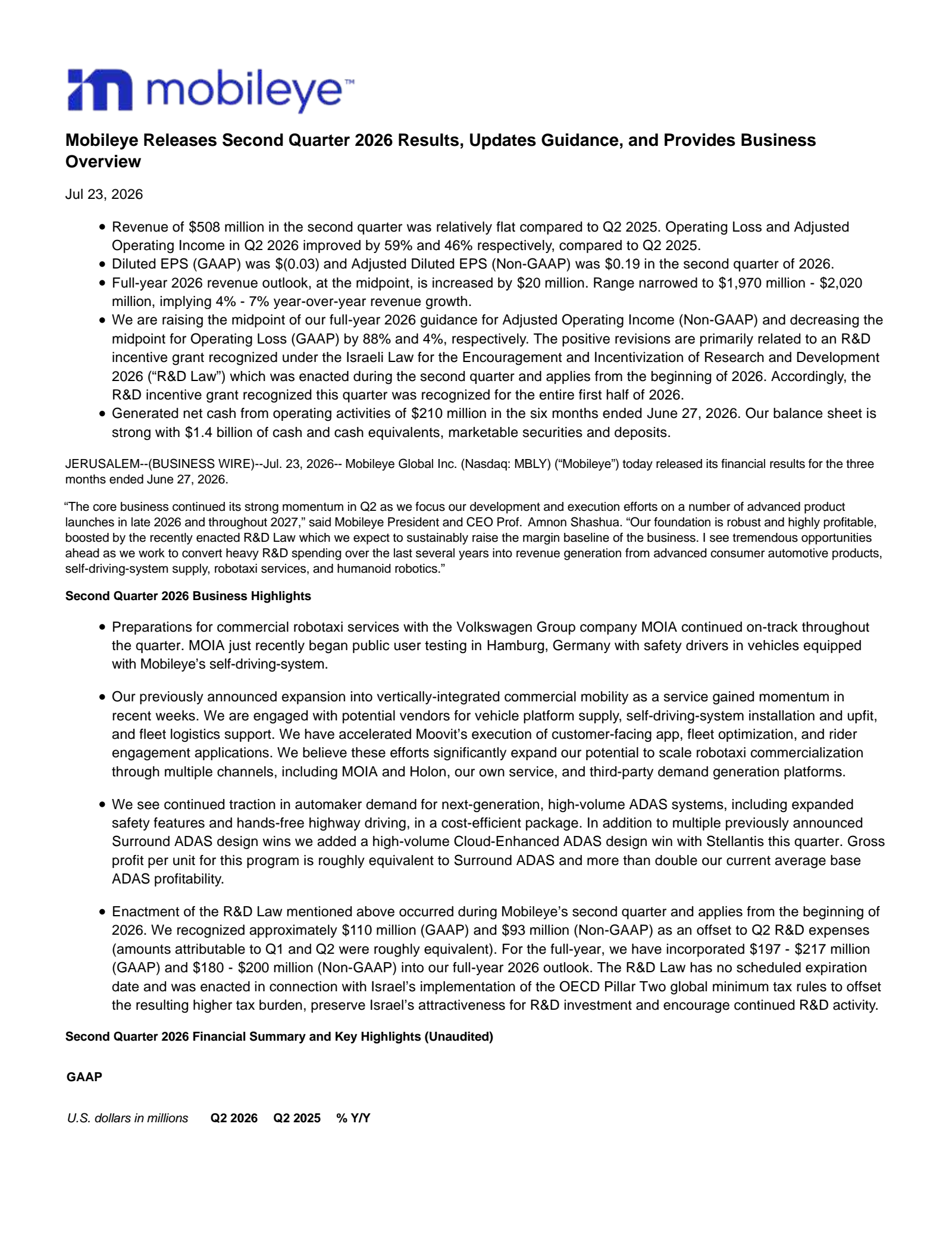 Mobileye Global's Q2 2026 Press Release