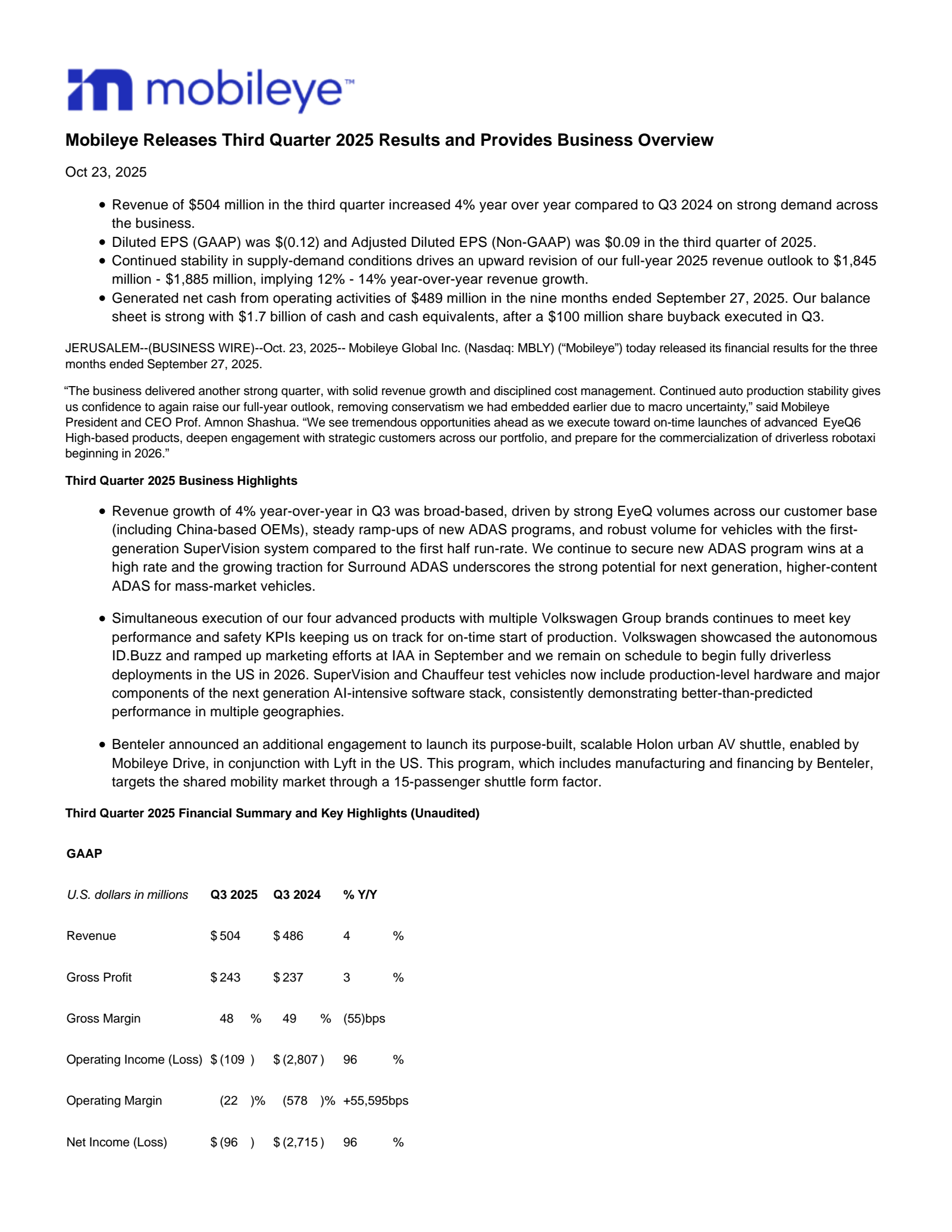 Mobileye Global's Q3 2025 Earnings Release