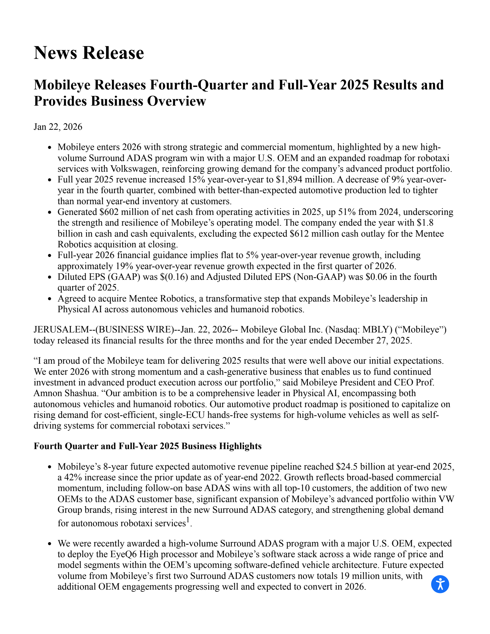 Mobileye Global's Q4 2025 Press Release