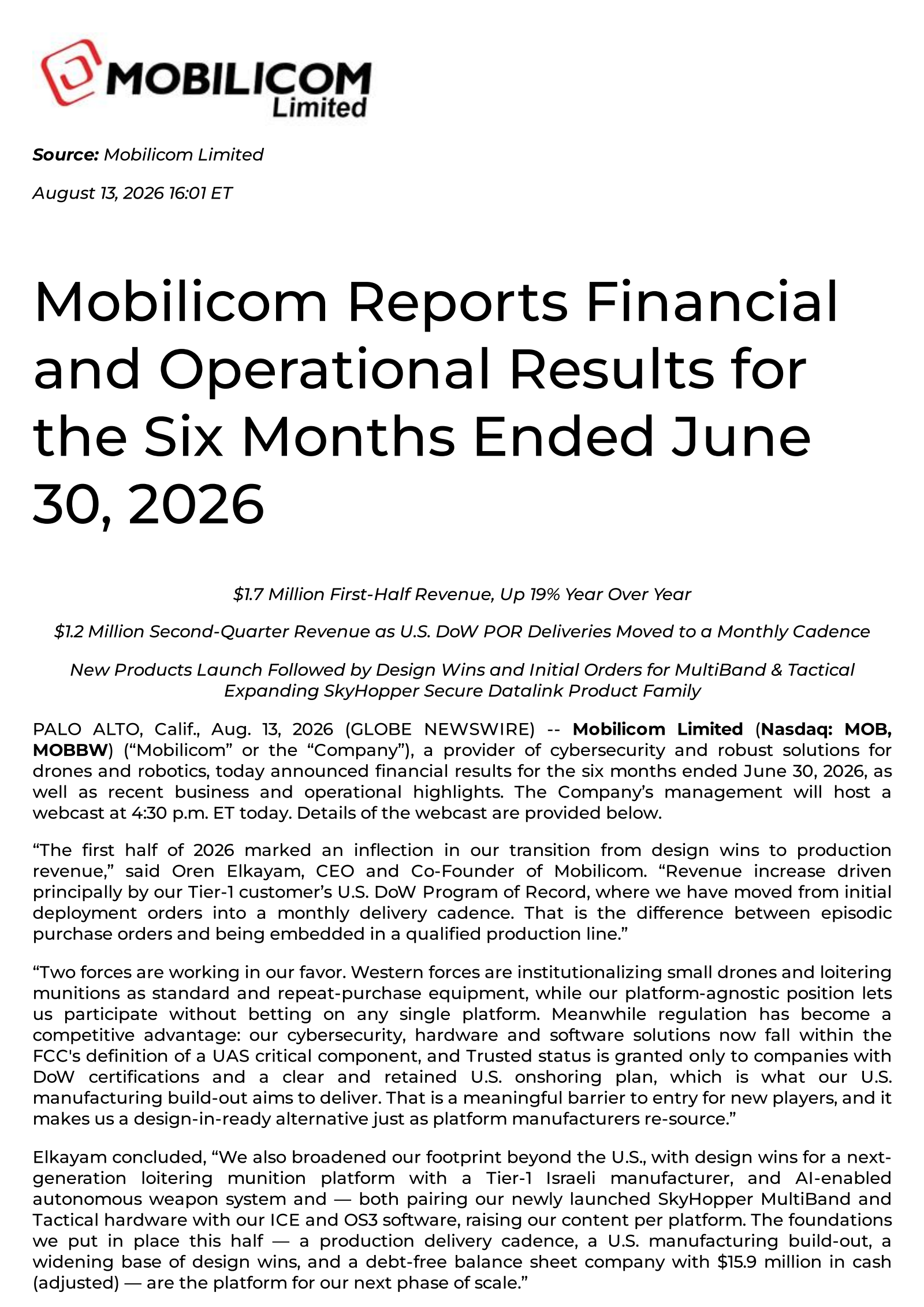 Mobilicom's Q2 2026 Press Release