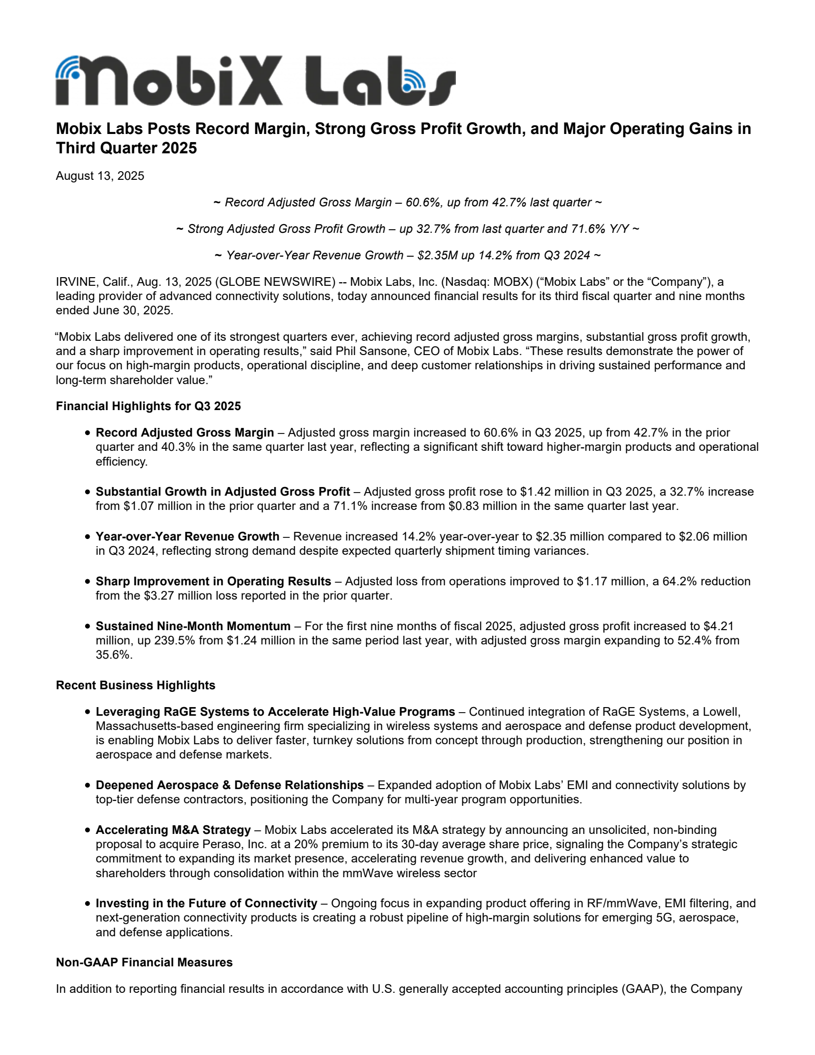 Mobix Labs' Q3 2025 Press Release