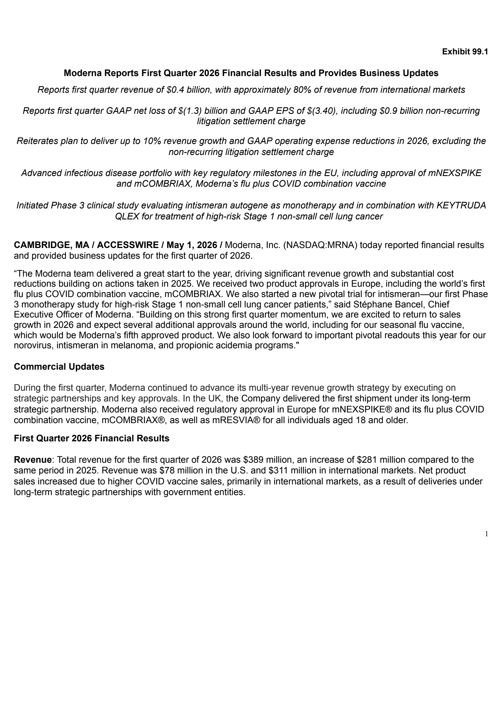 Moderna's Q1 2026 Press Release