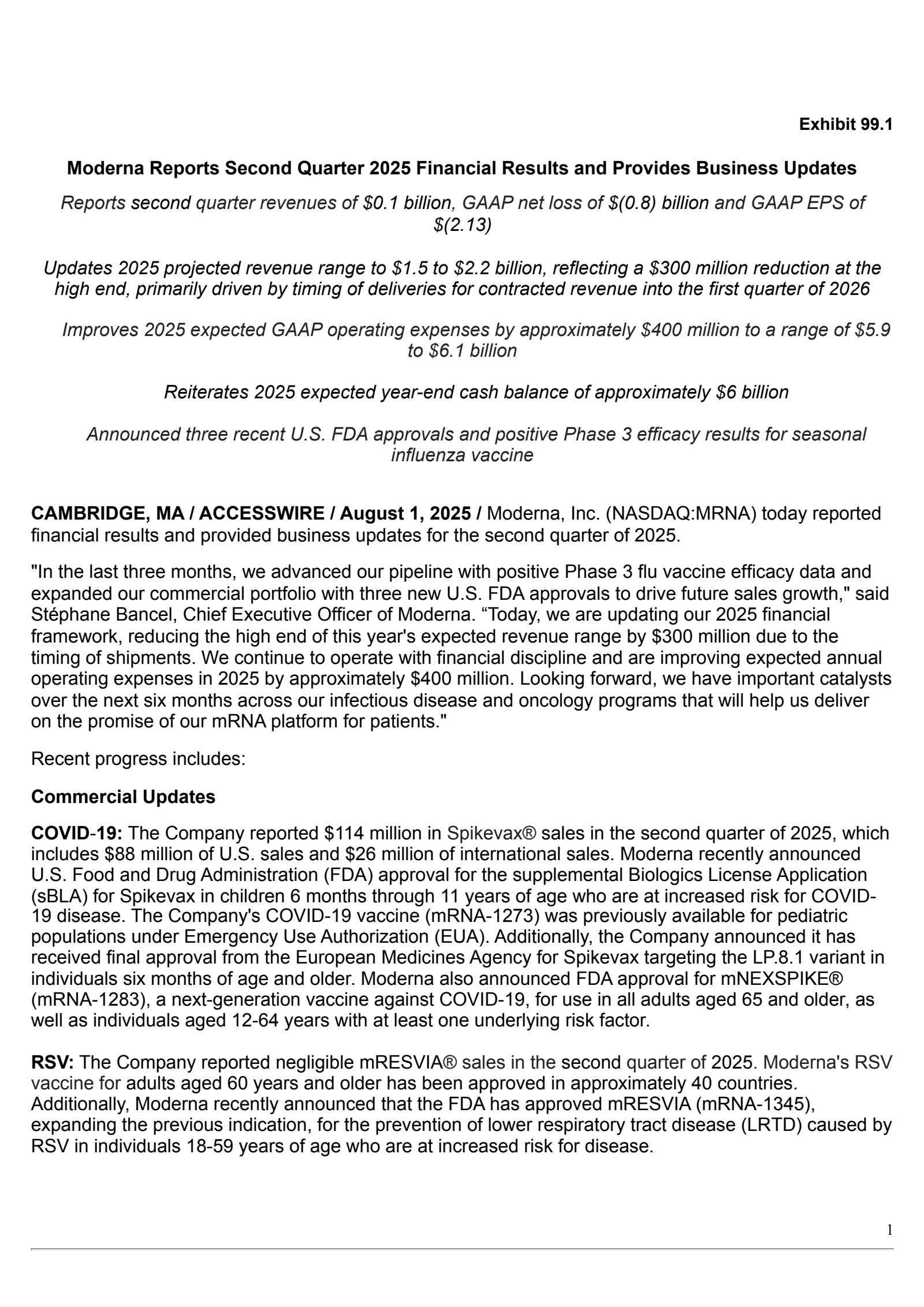 Moderna's Q2 2025 Press Release