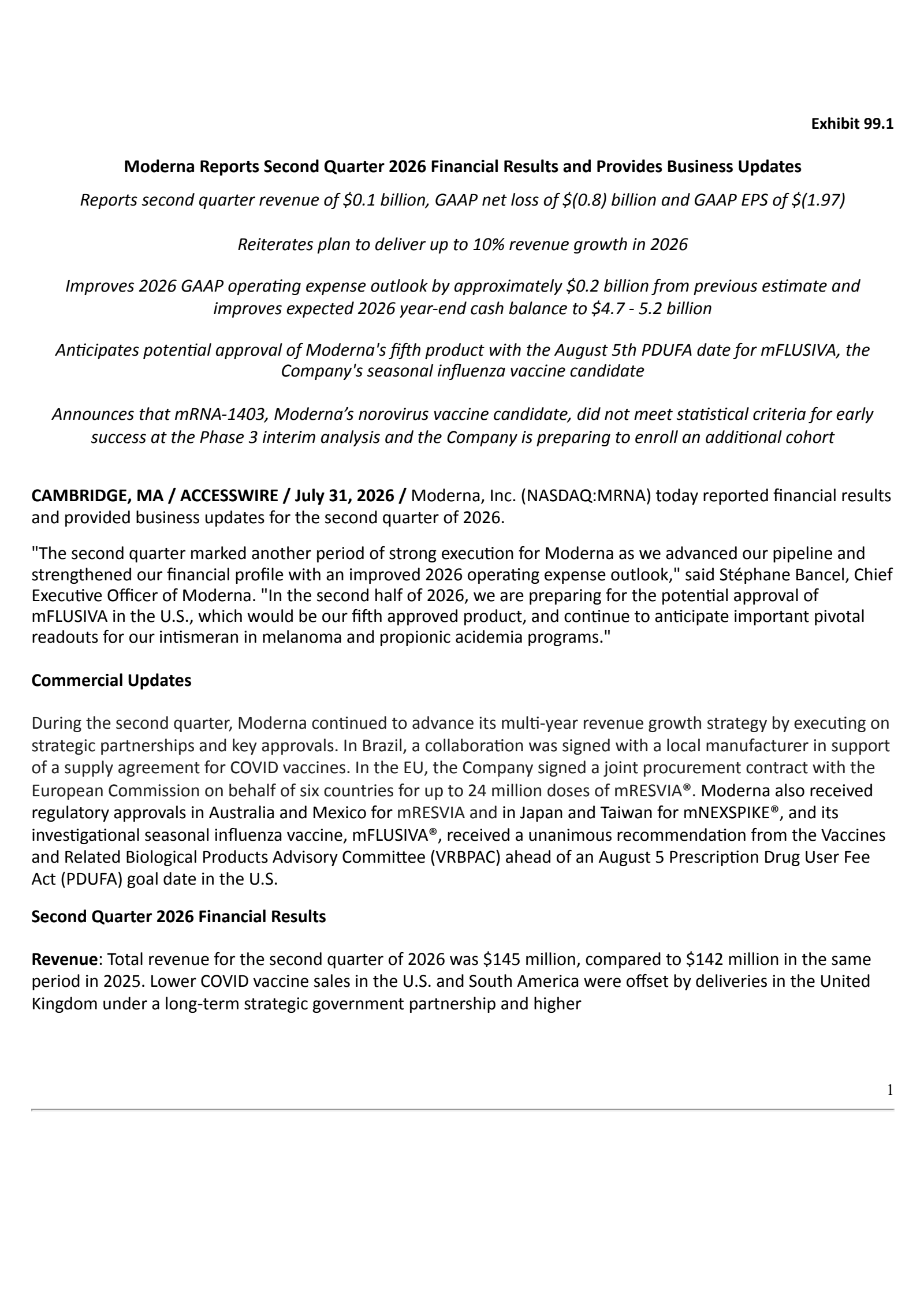 Moderna's Q2 2026 Press Release