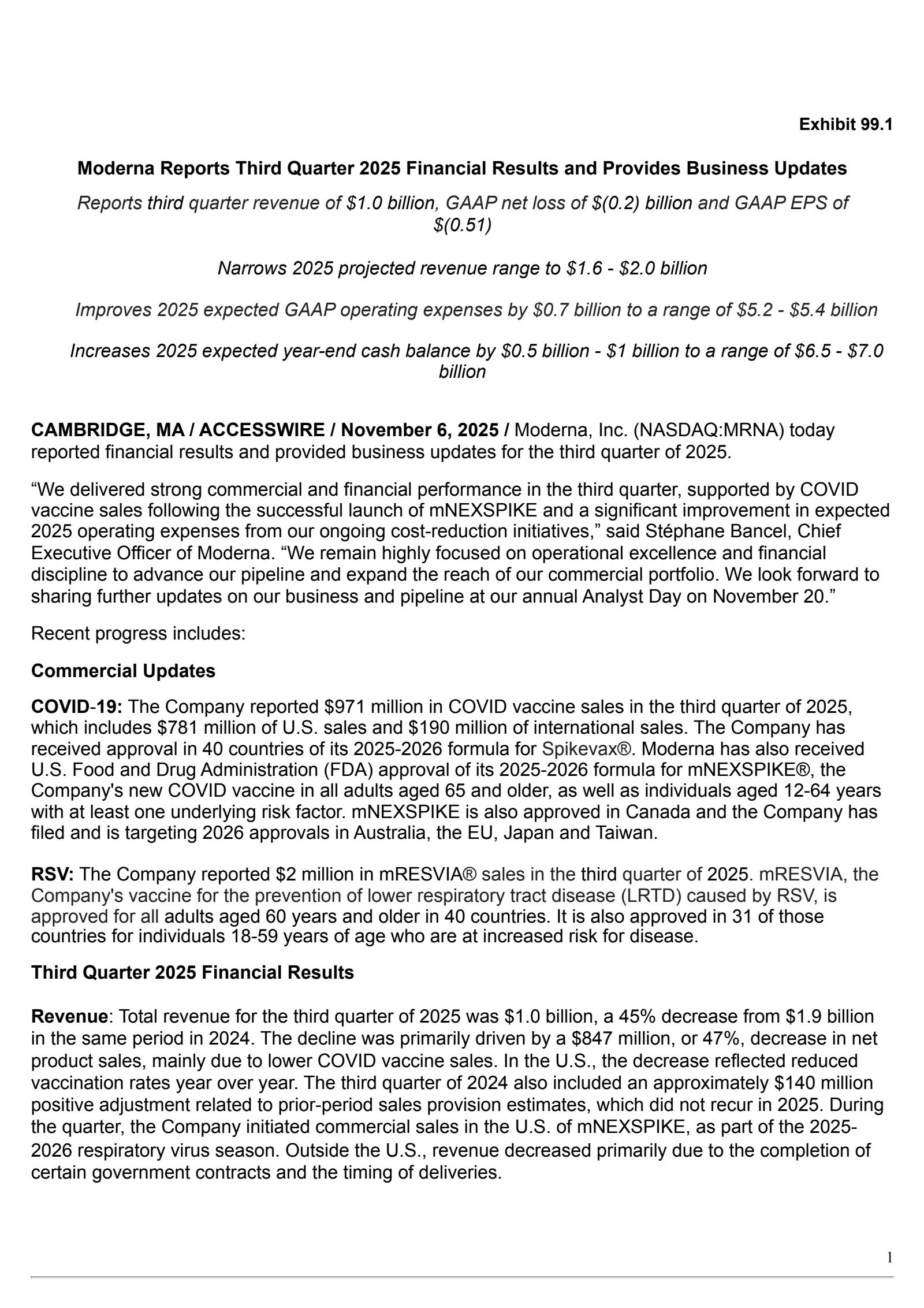 Moderna's Q3 2025 Earnings Release