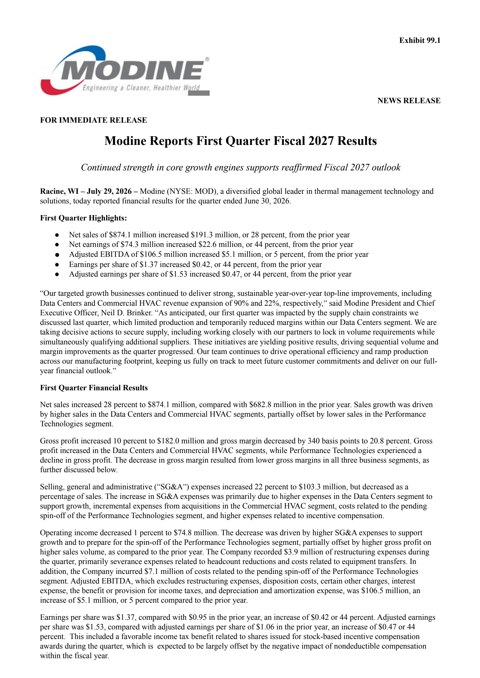 Modine Manufacturing's Q1 2027 Press Release