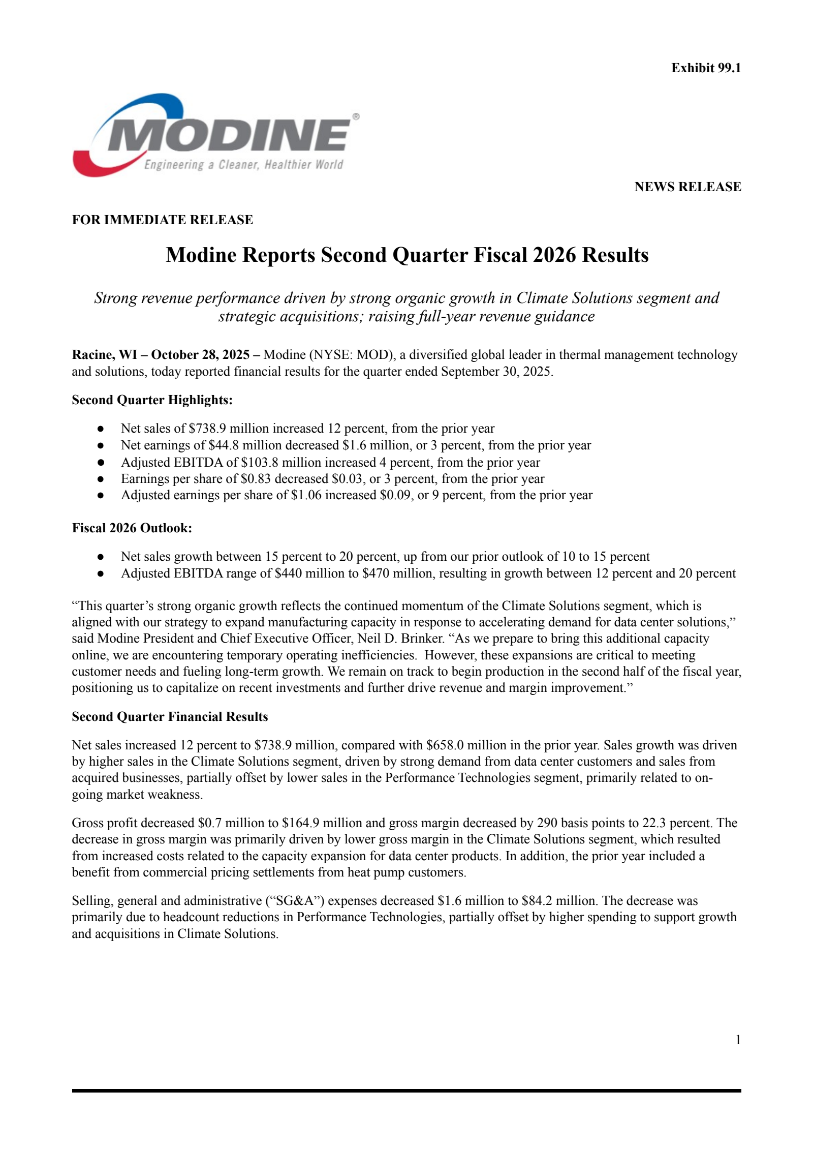 Modine Manufacturing's Q2 2026 Earnings Release