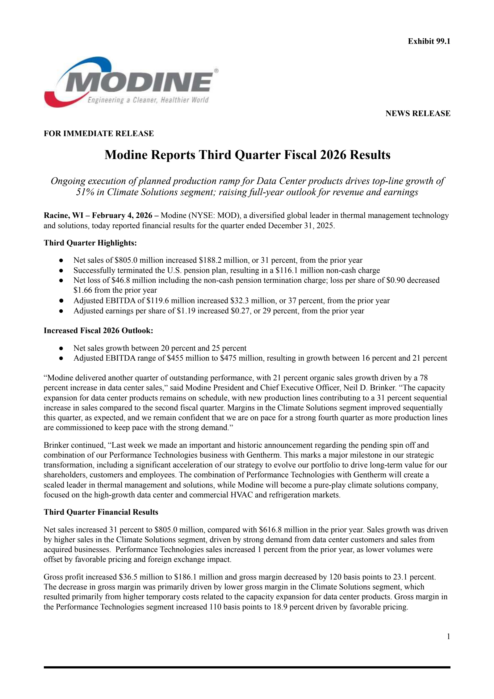 Modine Manufacturing's Q3 2026 Press Release