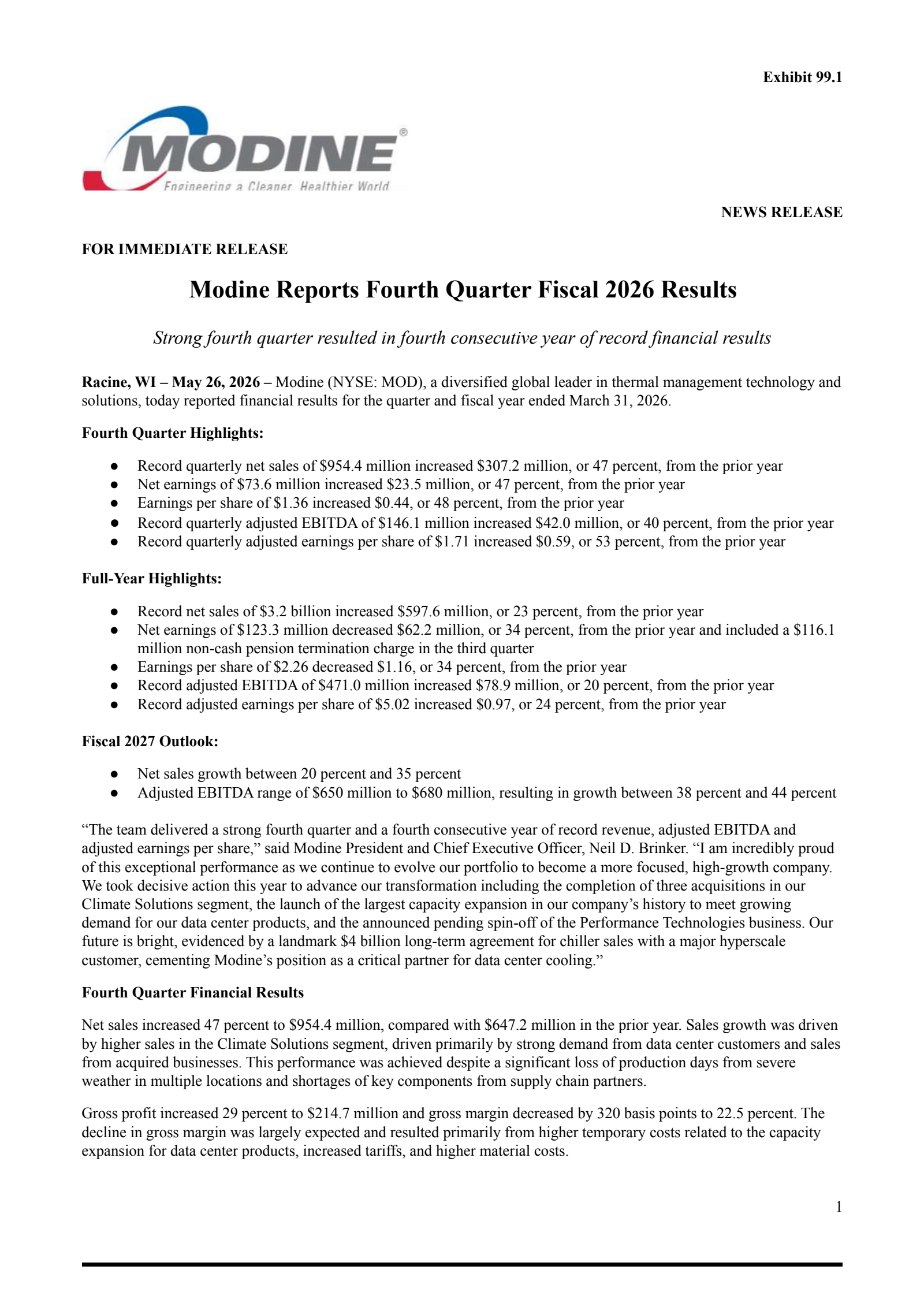 Modine Manufacturing's Q4 2026 Press Release