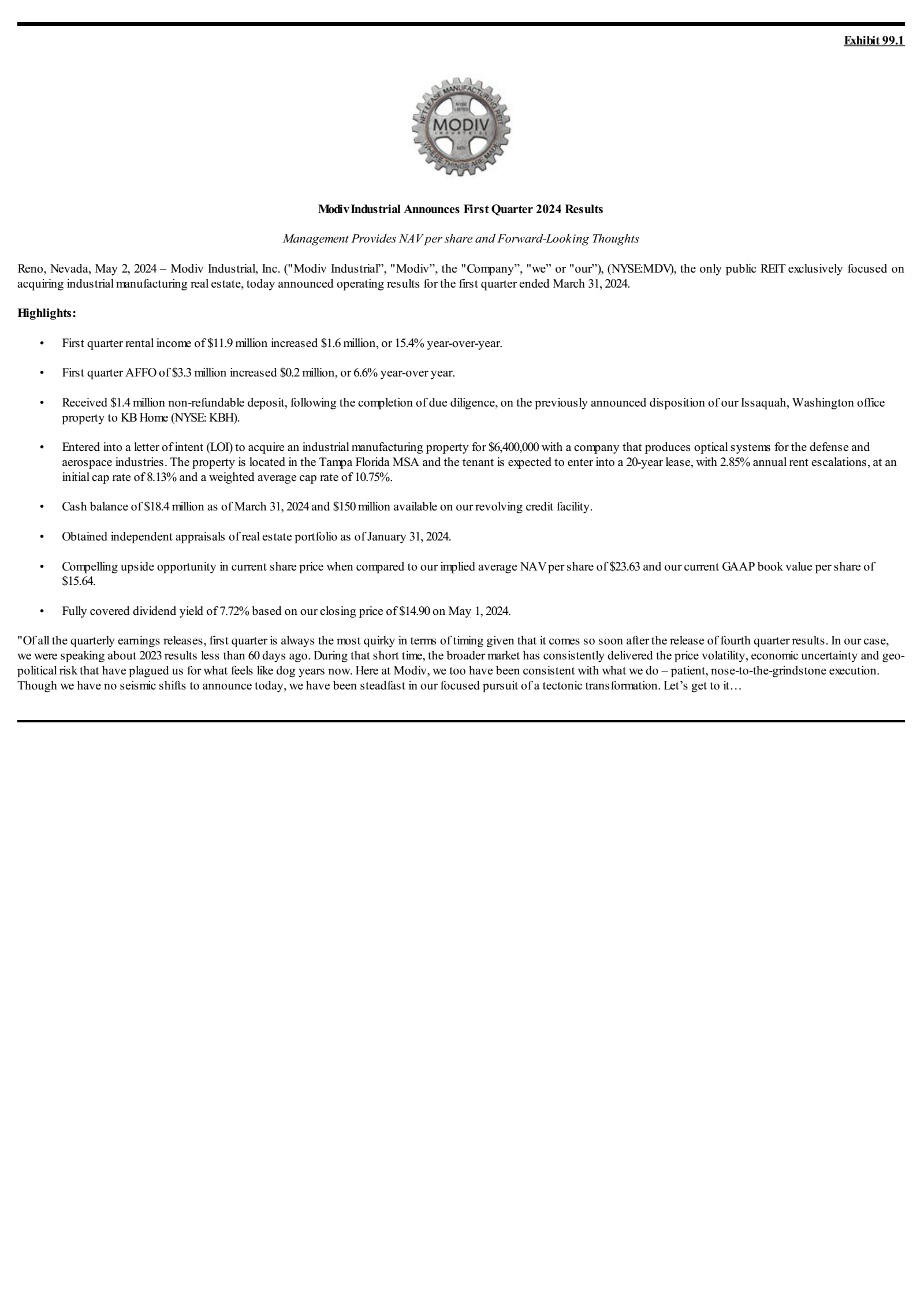 Modiv Industrial's Q1 2024 Press Release