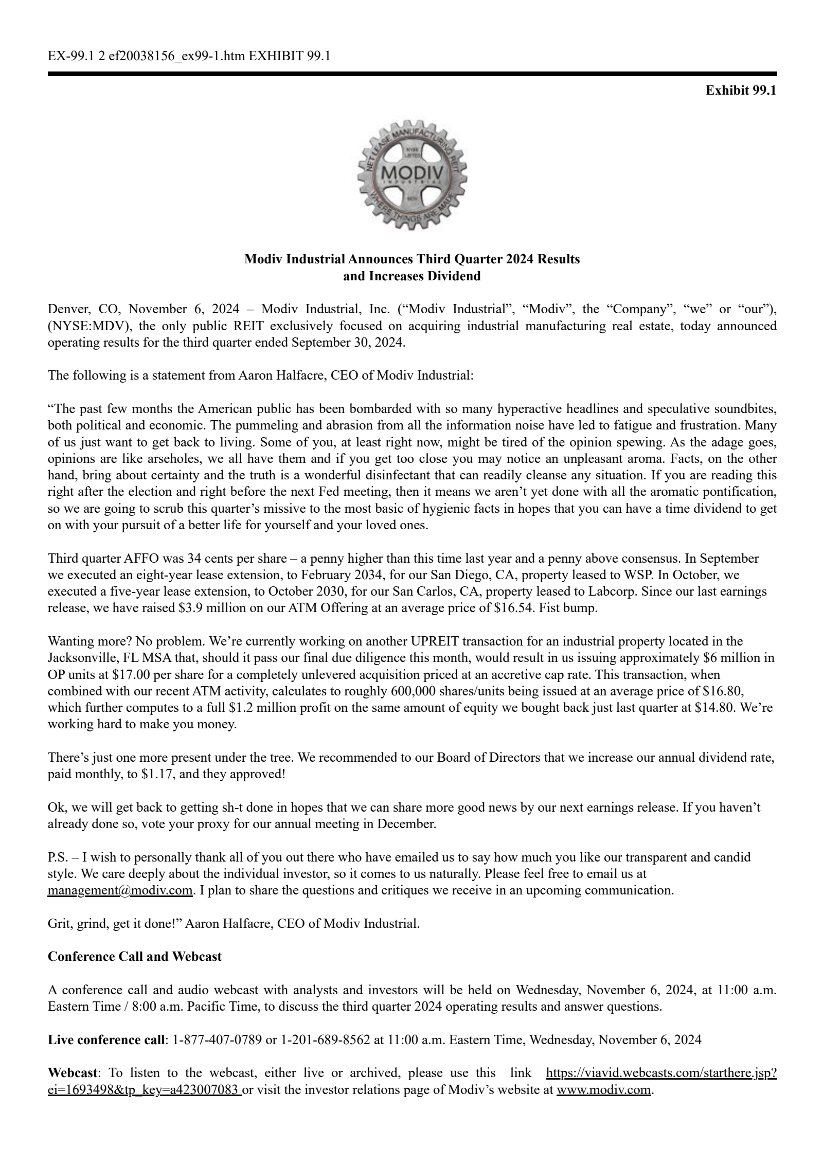 Modiv Industrial's Q3 2024 Press Release