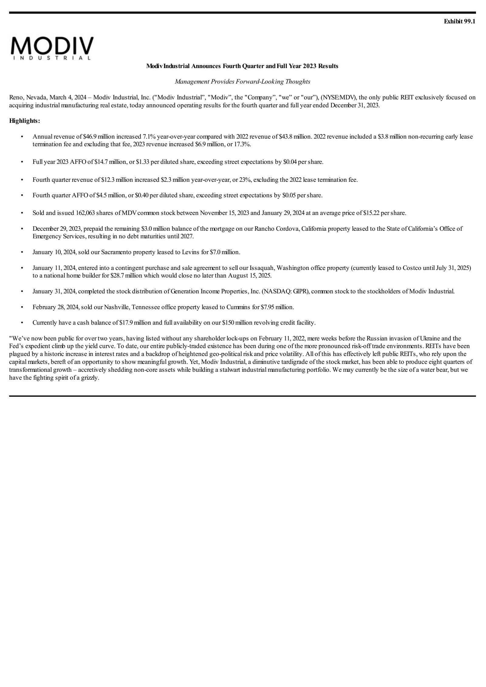 Modiv Industrial's Q4 2023 Press Release