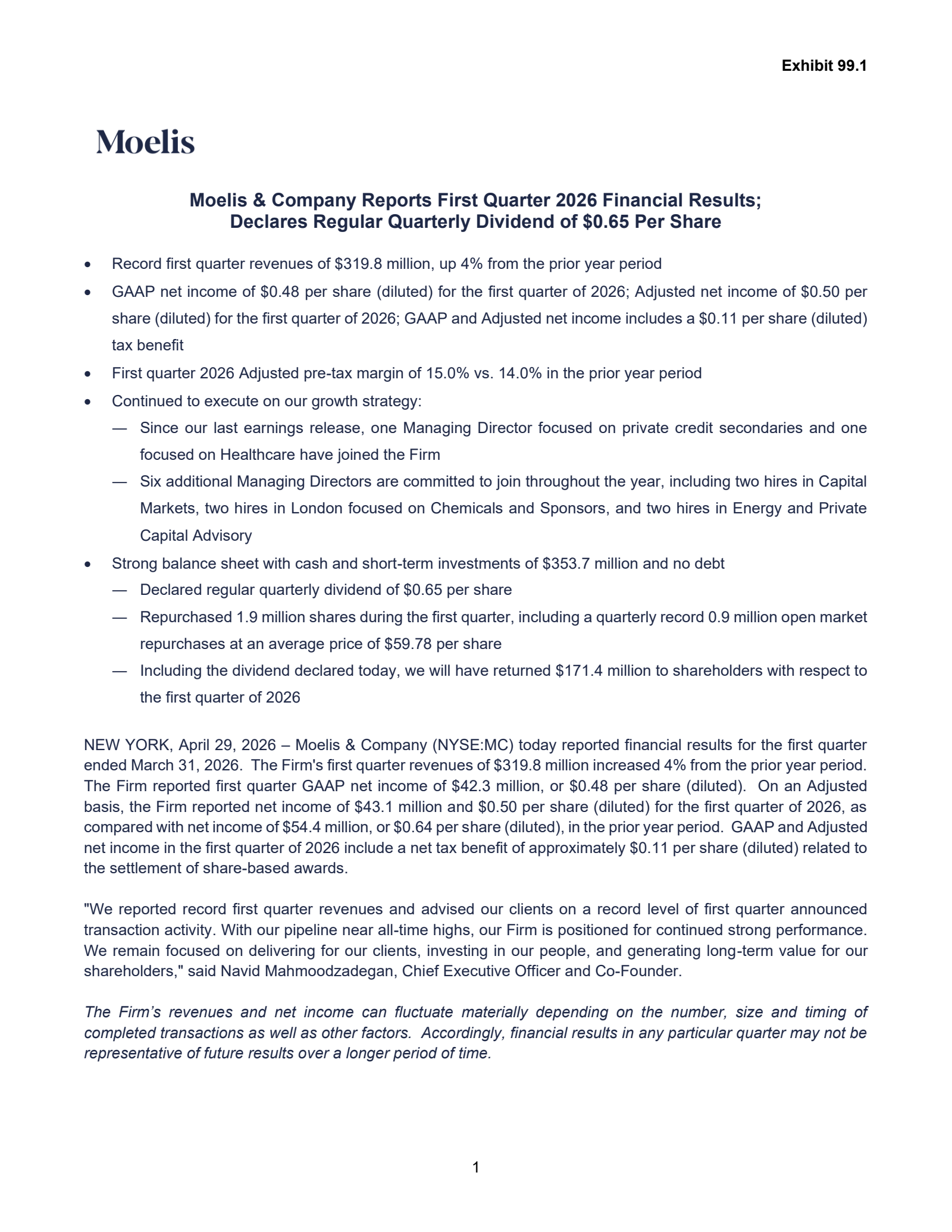 Moelis & Company's Q1 2026 Press Release