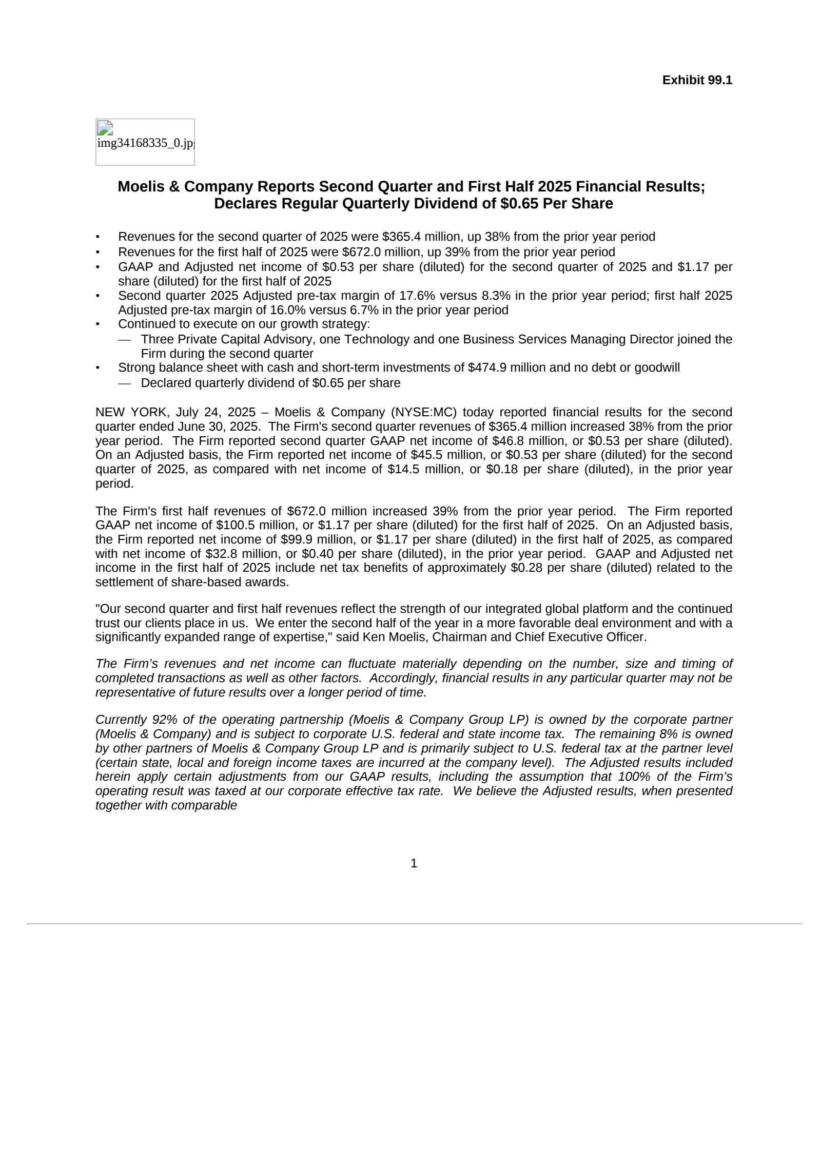 Moelis & Company's Q2 2025 Press Release