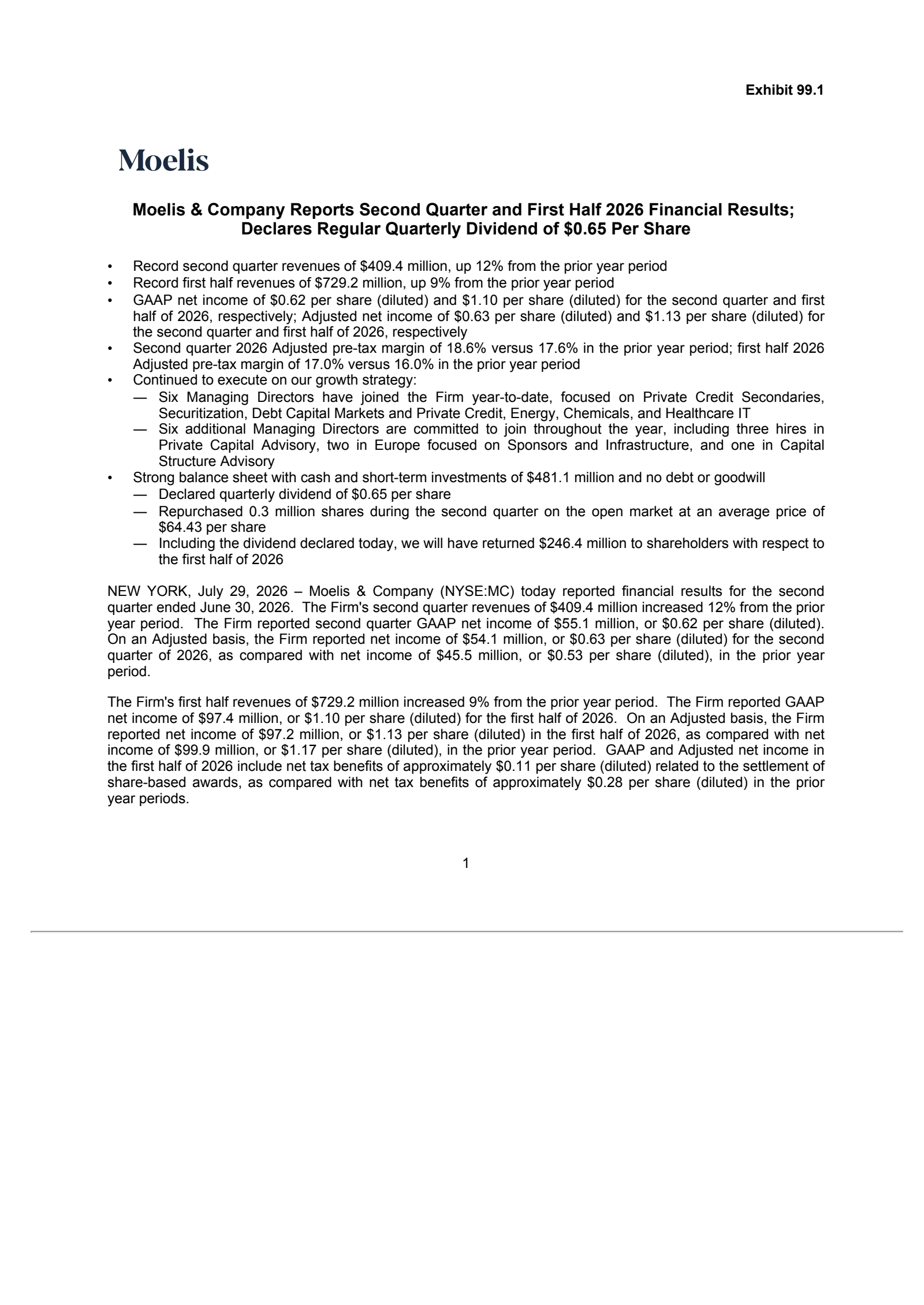 Moelis & Company's Q2 2026 Press Release