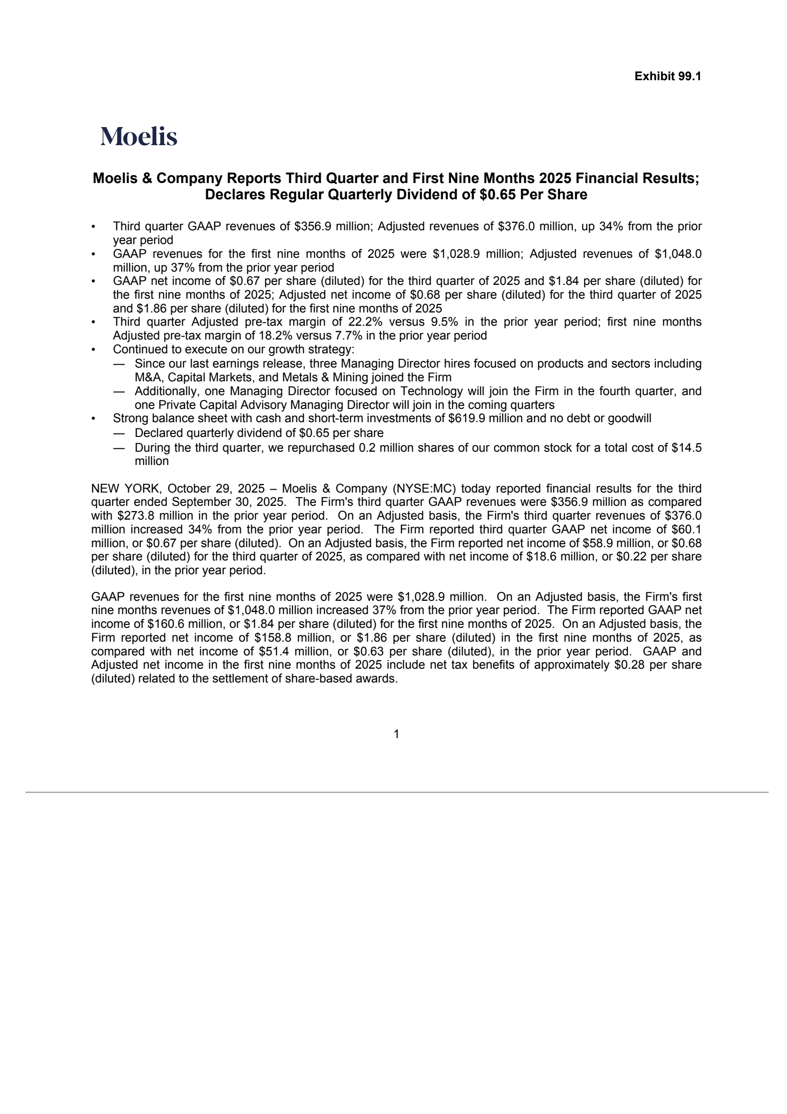 Moelis & Company's Q3 2025 Earnings Release