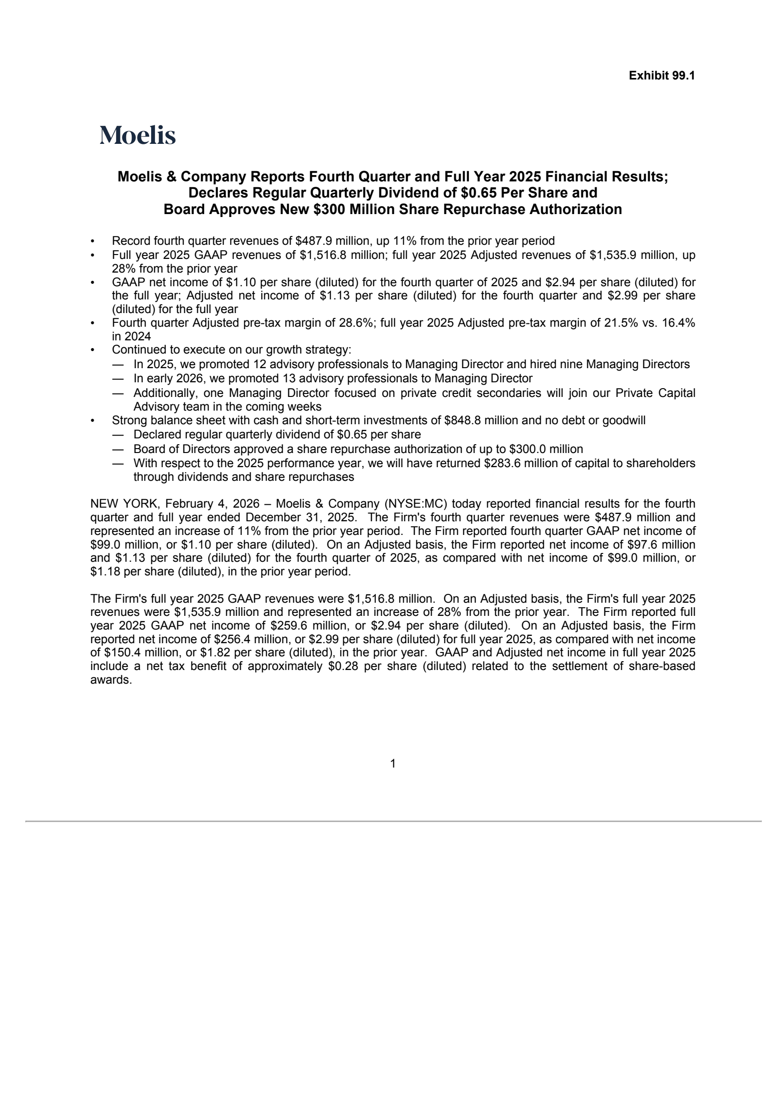 Moelis & Company's Q4 2025 Press Release
