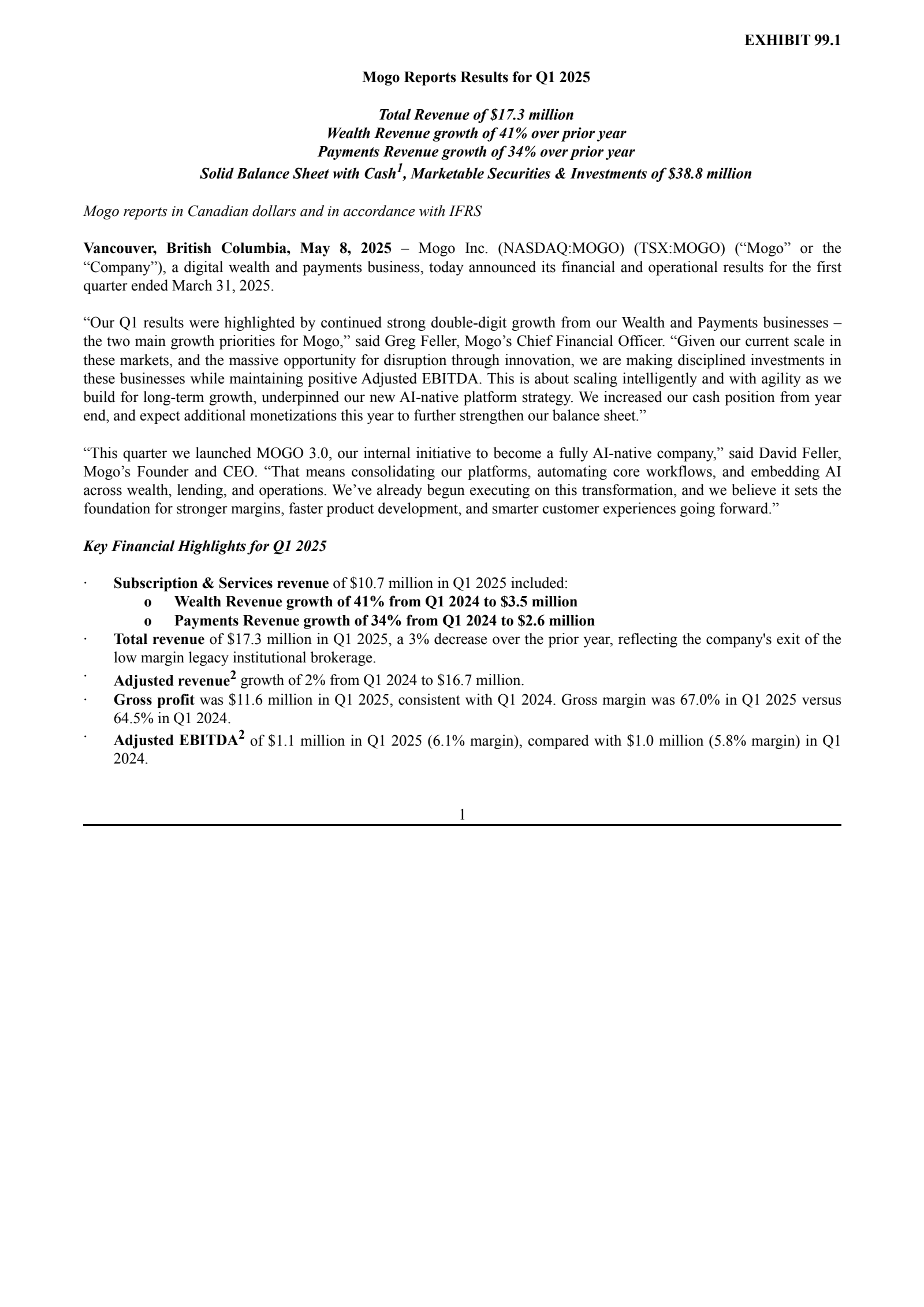 Mogo's Q1 2025 Press Release