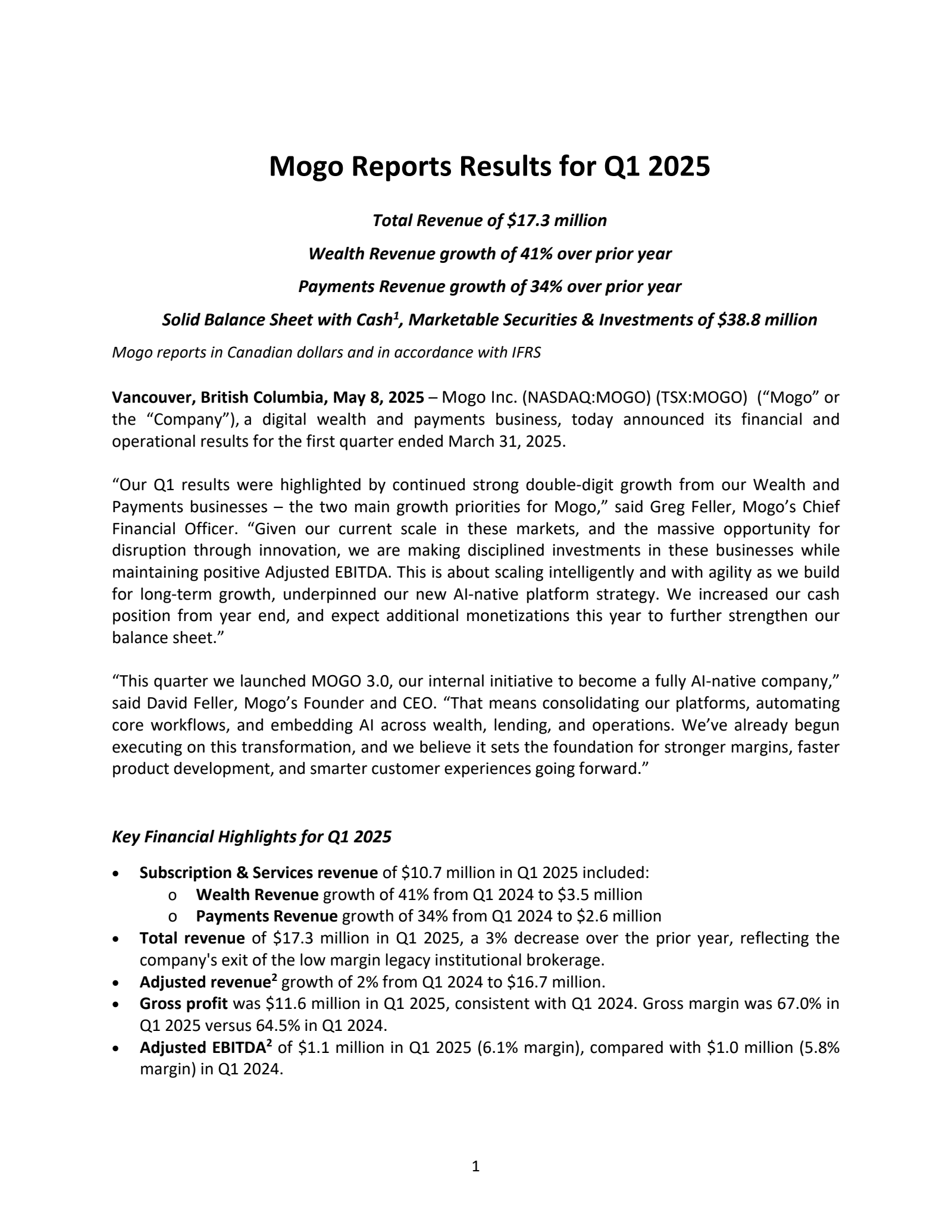 Mogo's Q1 2025 Press Release