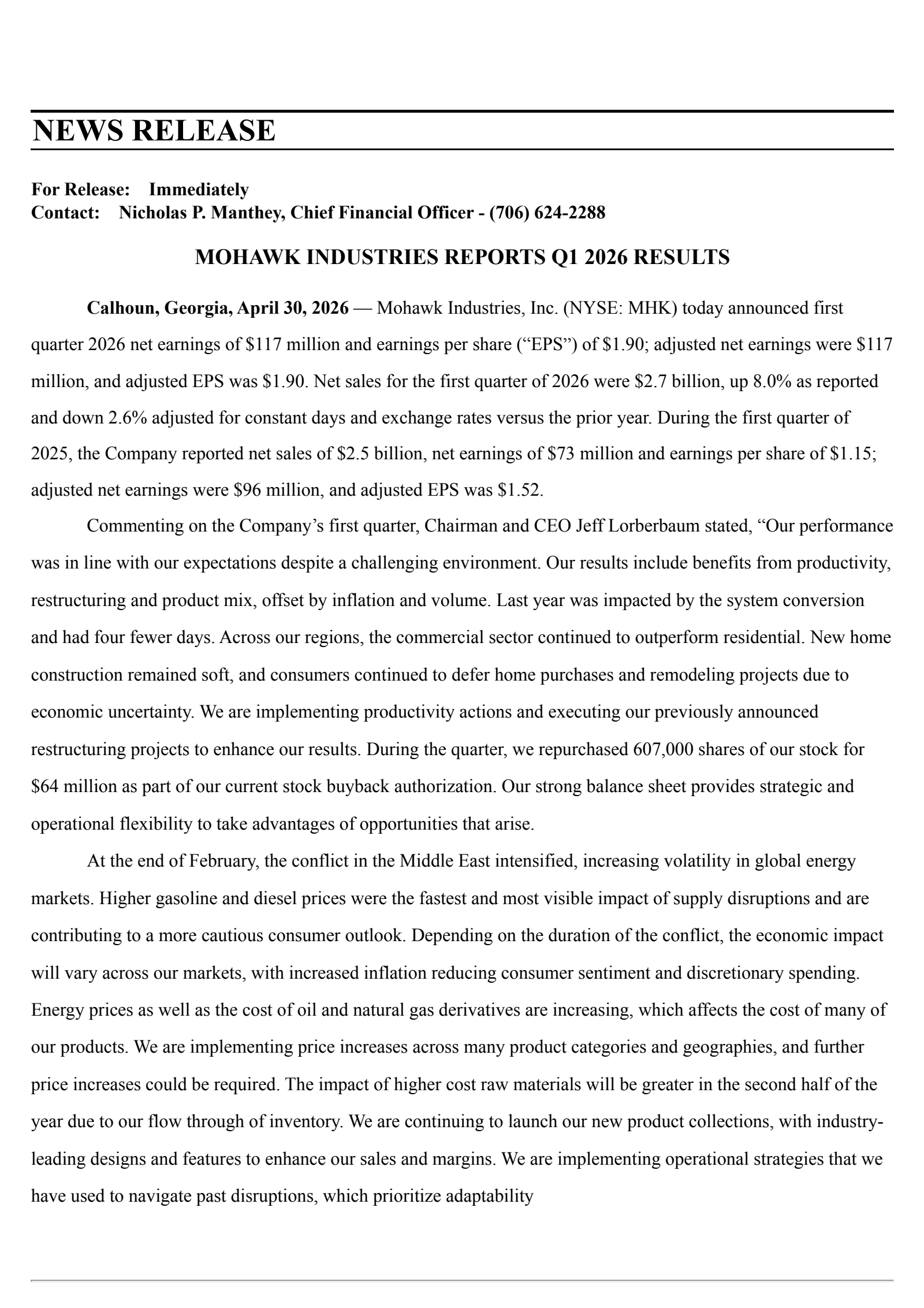 Mohawk Industries' Q1 2026 Press Release