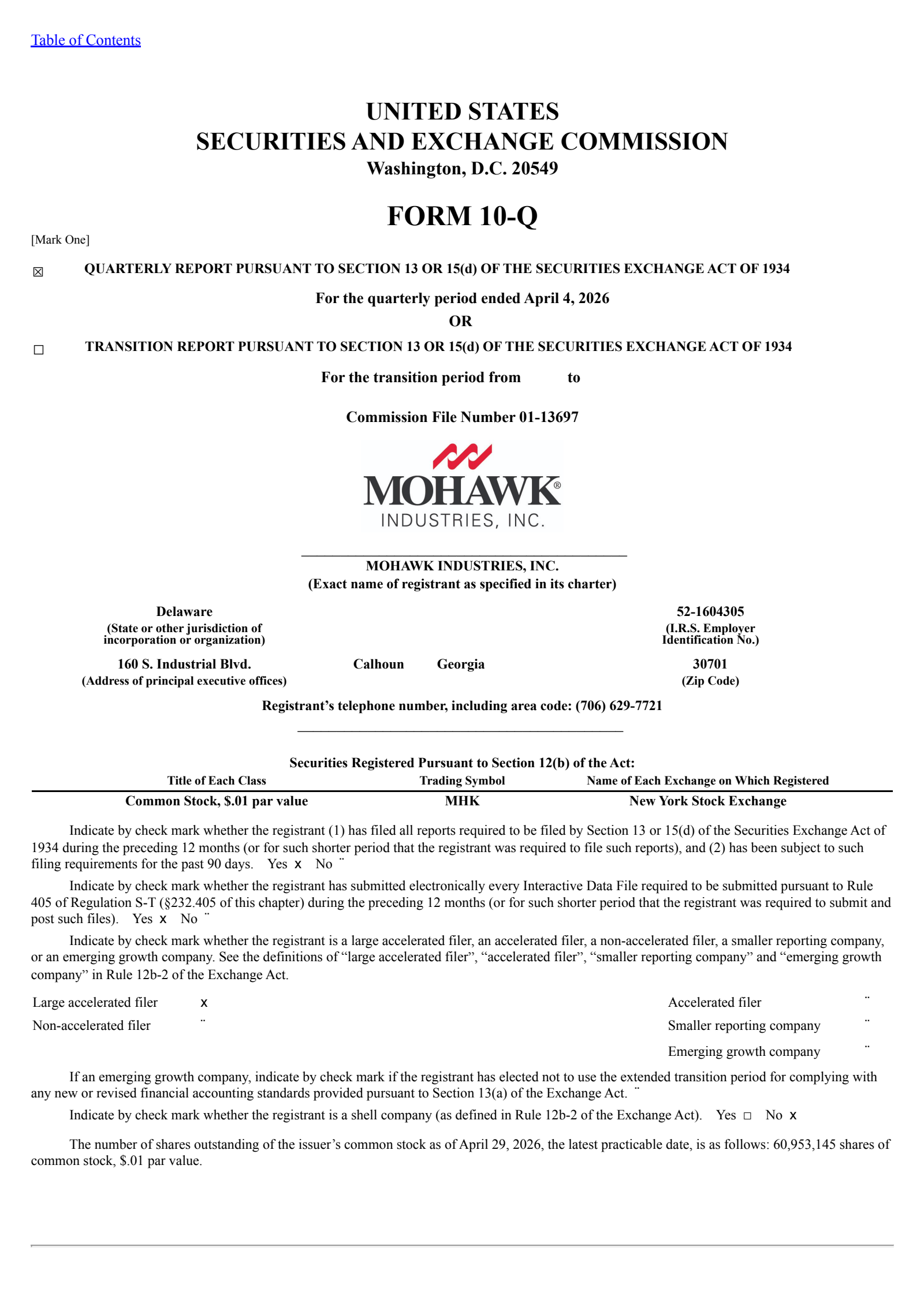 Mohawk Industries' Q1 2026 Quarterly report