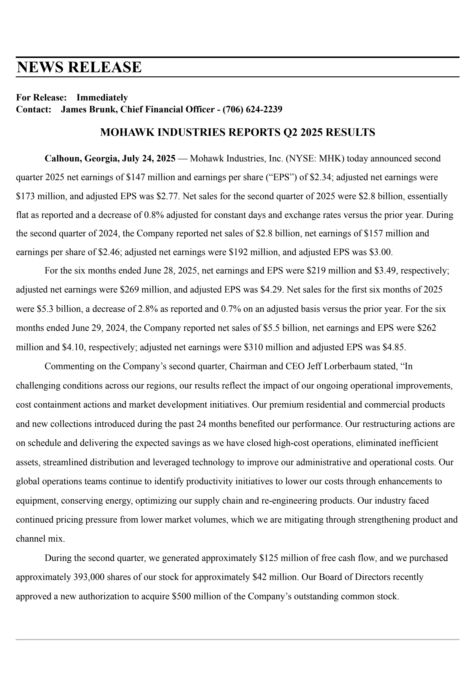 Mohawk Industries' Q2 2025 Press Release