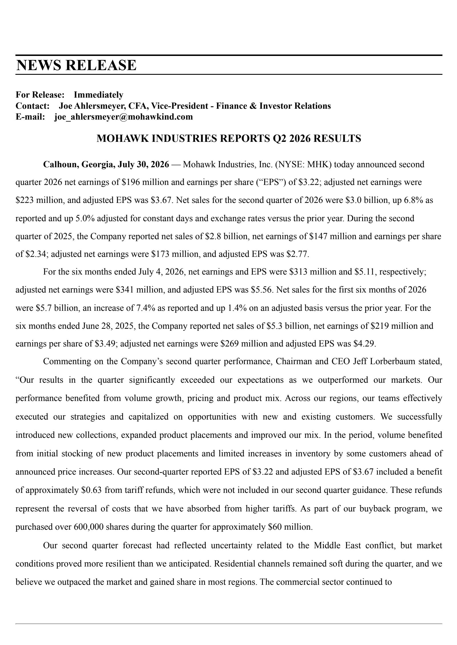 Mohawk Industries' Q2 2026 Press Release