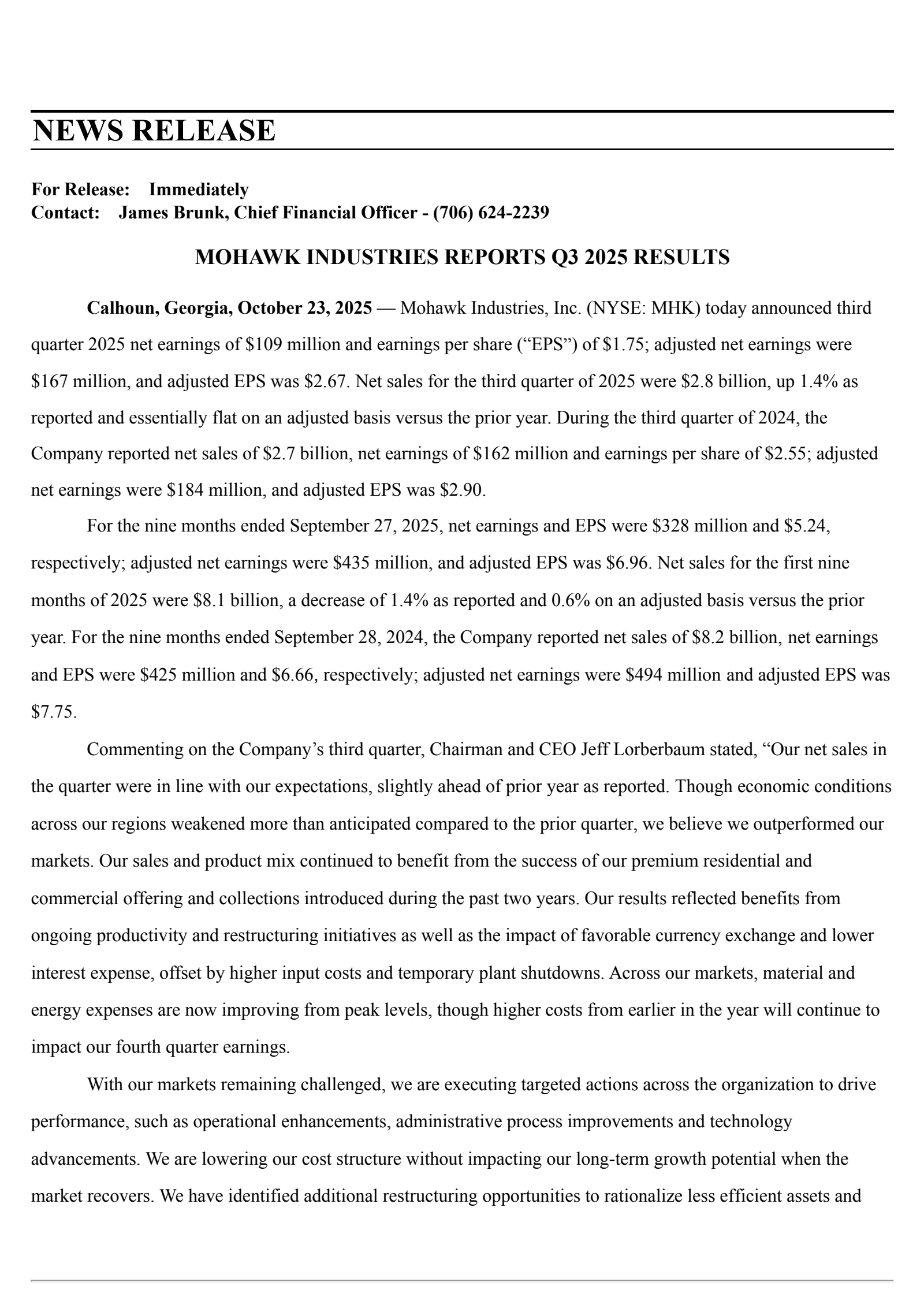 Mohawk Industries' Q3 2025 Earnings Release