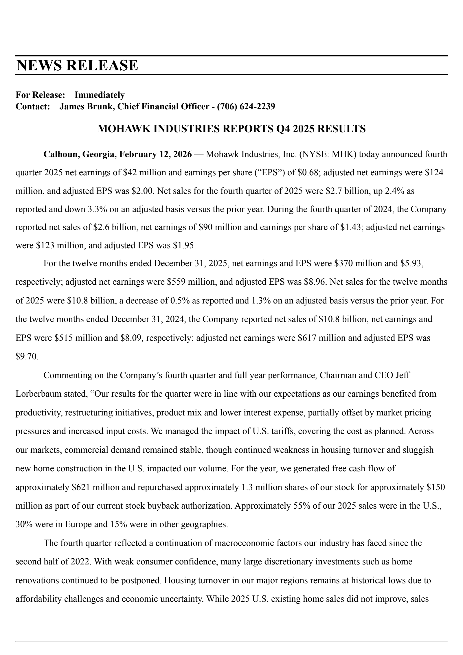 Mohawk Industries' Q4 2025 Press Release