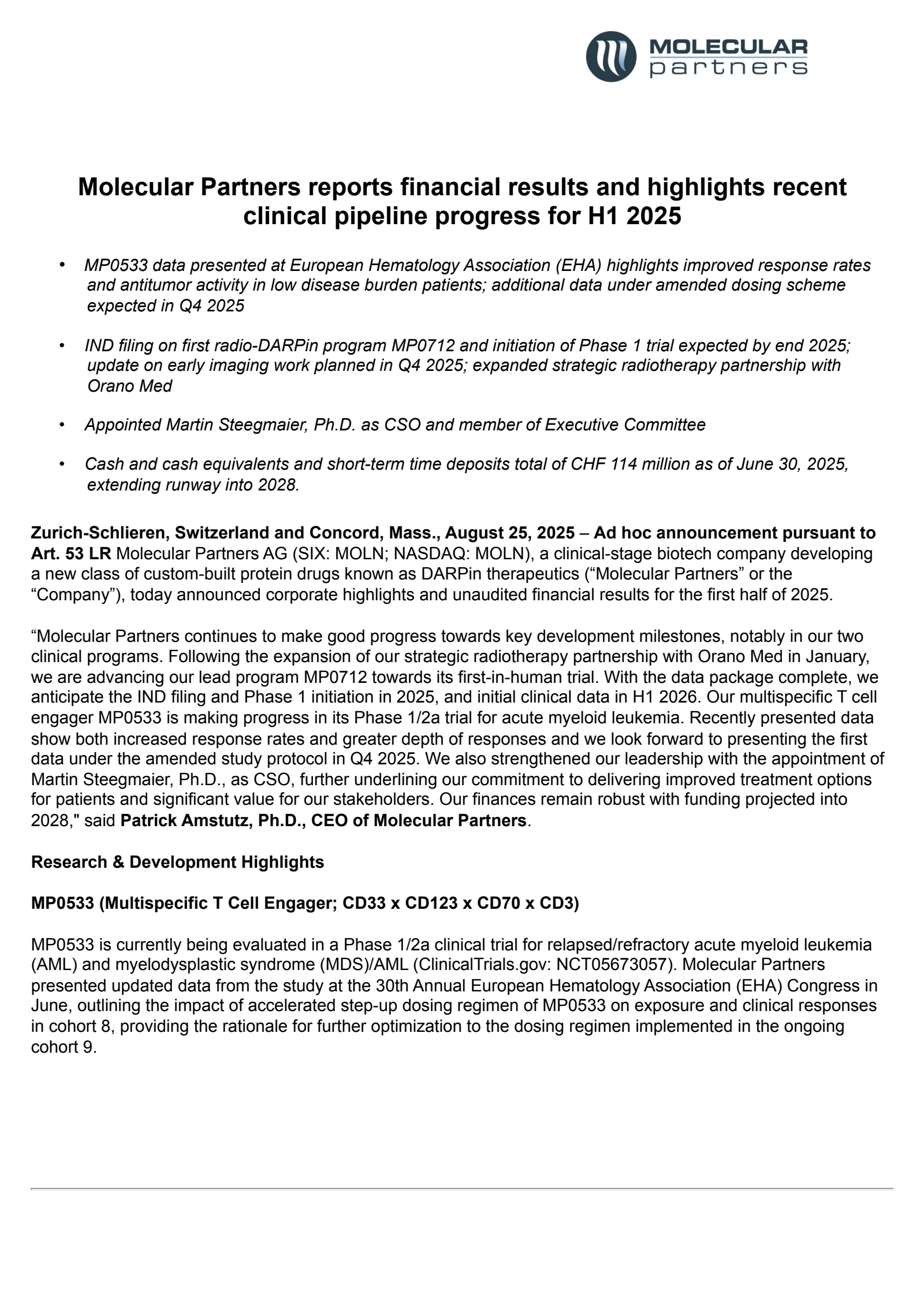 Molecular Partners' H1 2025 Press Release