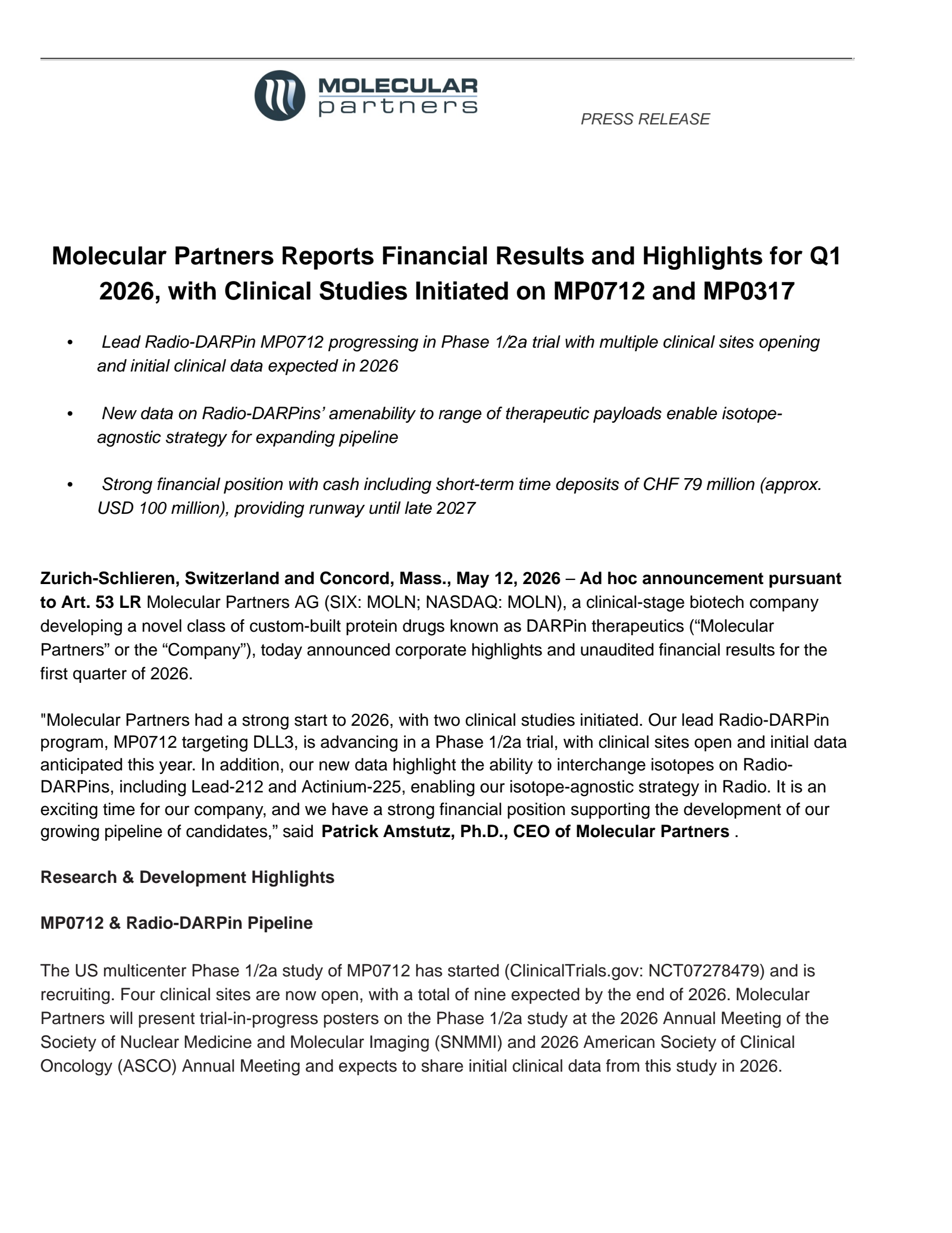 Molecular Partners' Q1 2026 Press Release