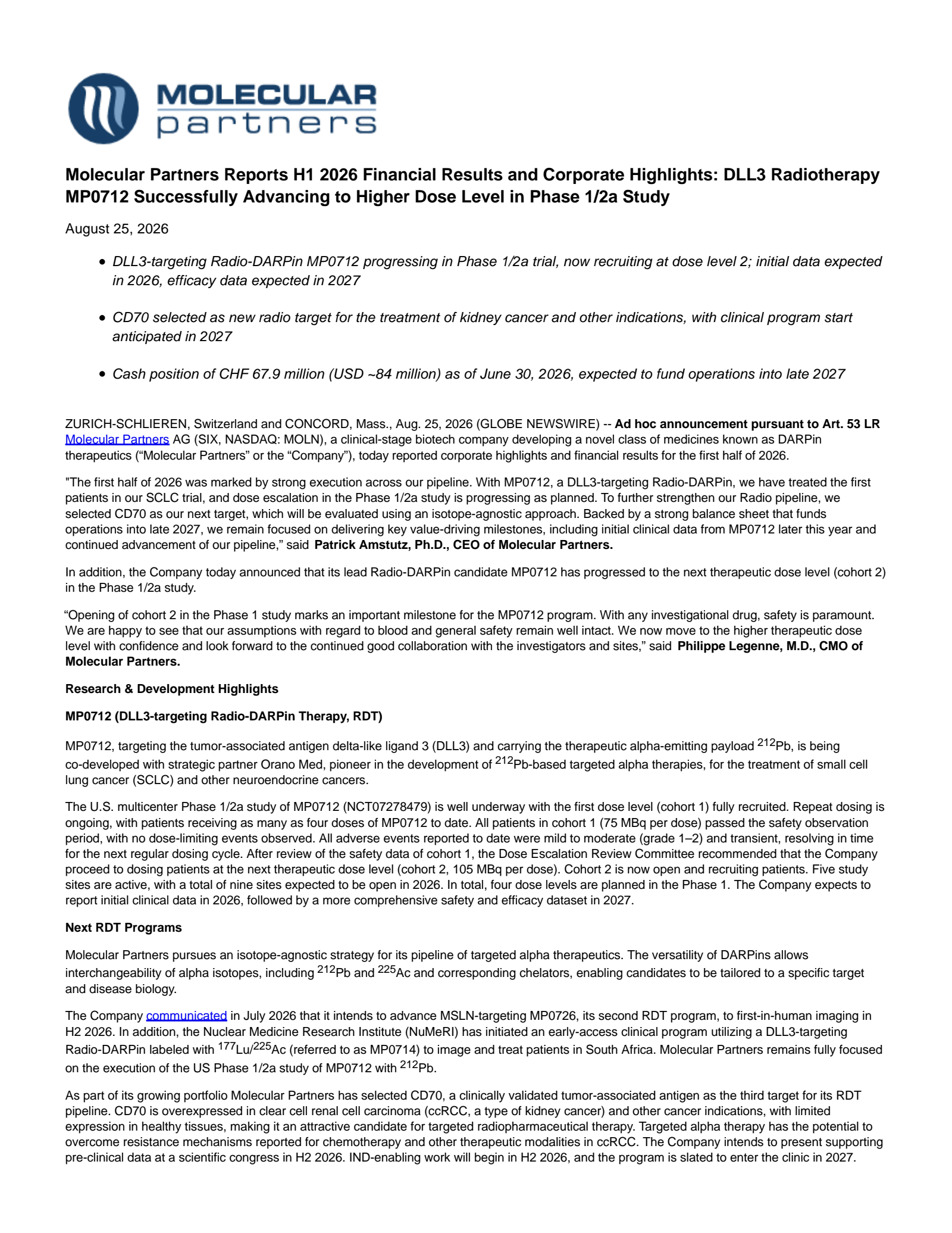 Molecular Partners' Q2 2026 Press Release