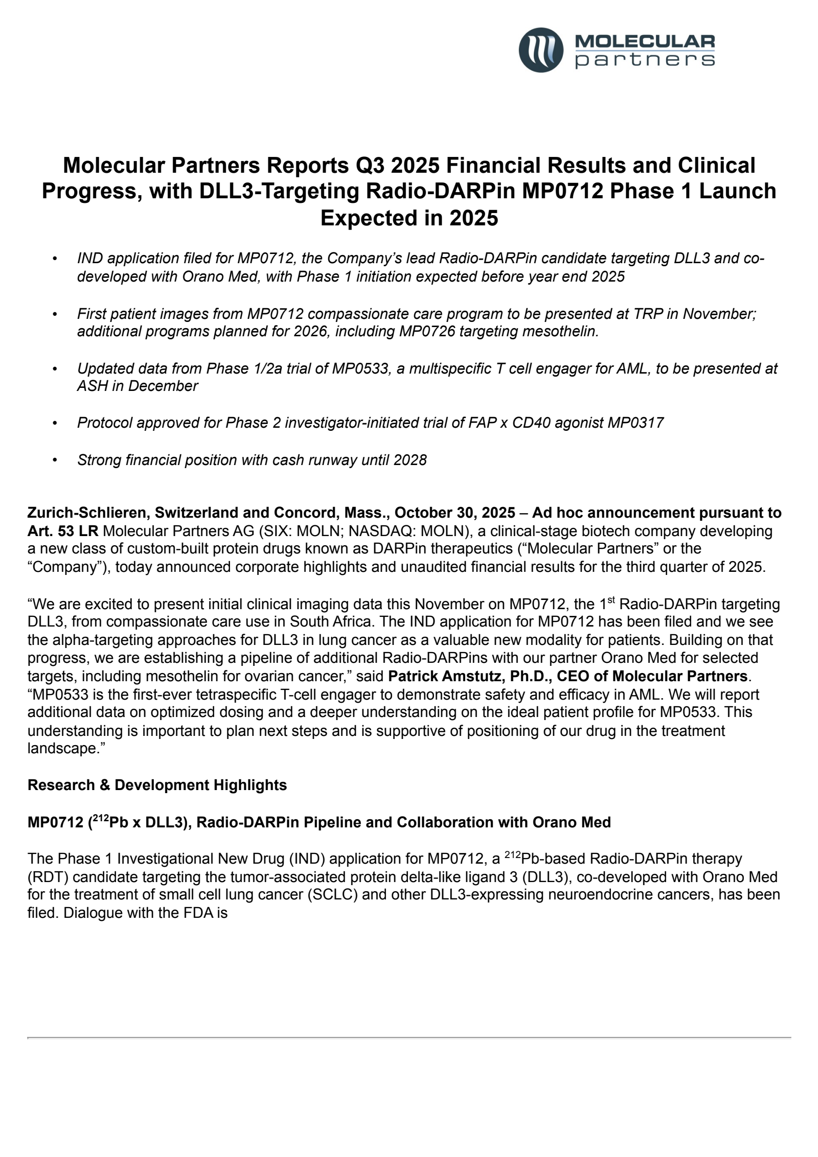 Molecular Partners' Q3 2025 Earnings Release