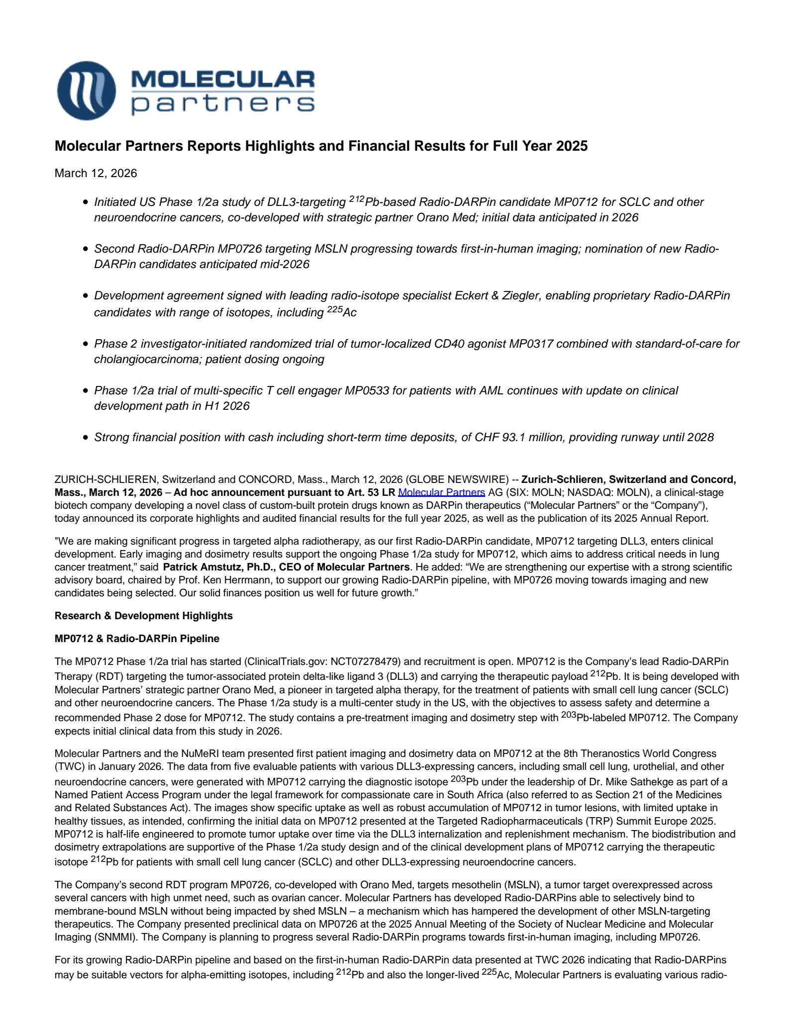 Molecular Partners' Q4 2025 Press Release