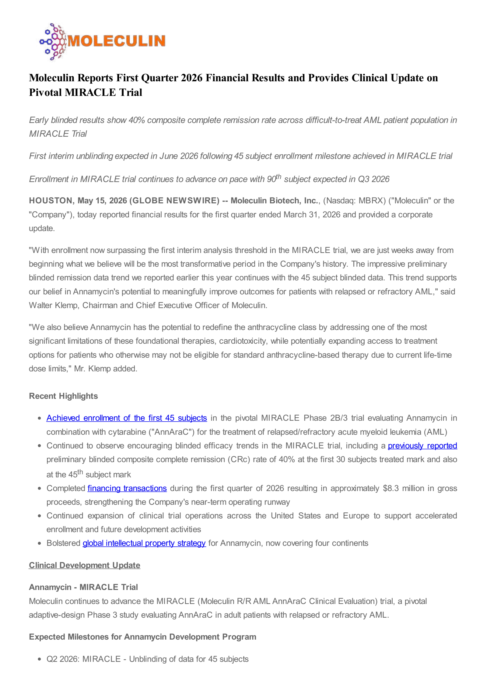 Moleculin Biotech's Q1 2026 Press Release