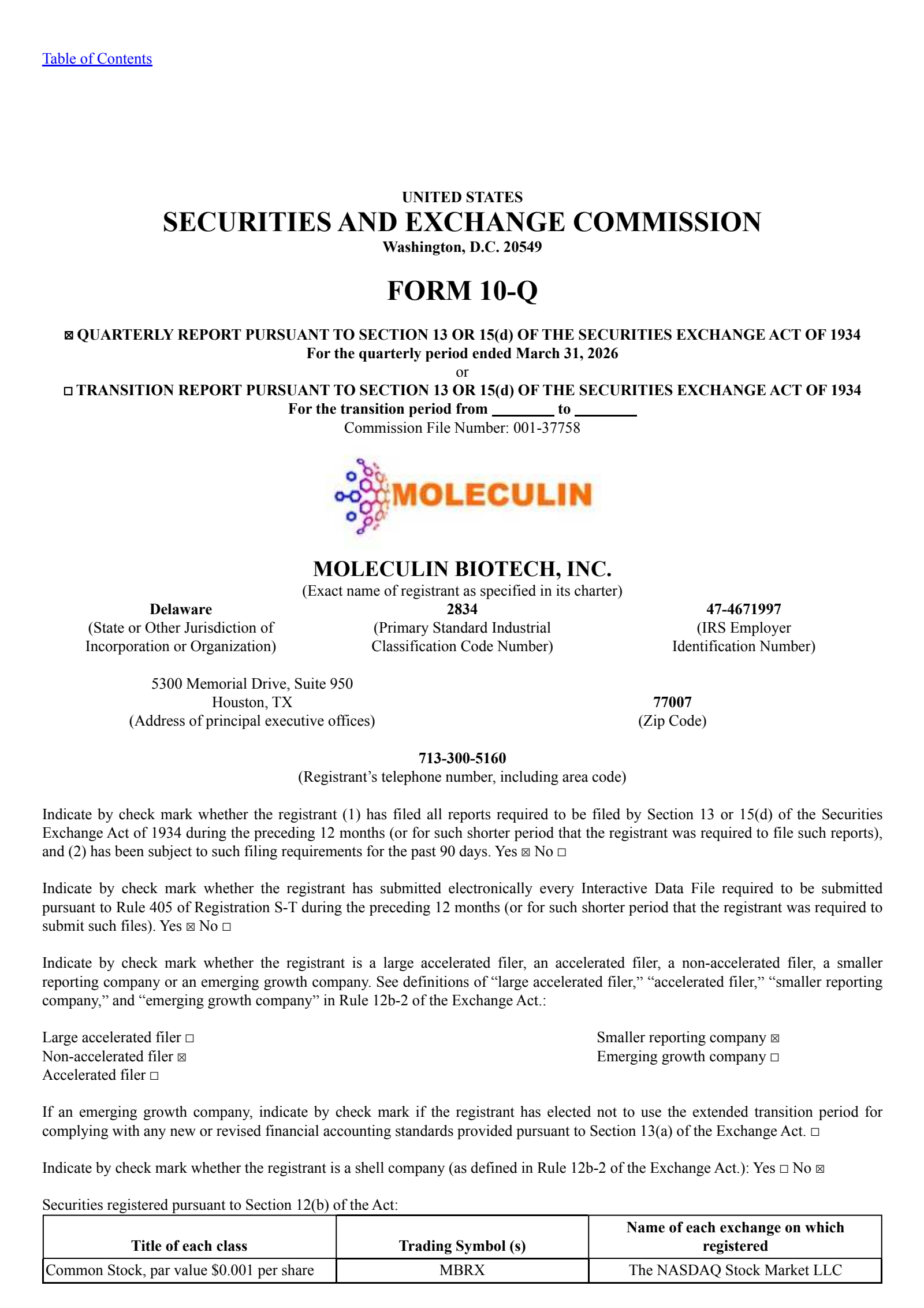 Moleculin Biotech's Q1 2026 Quarterly report