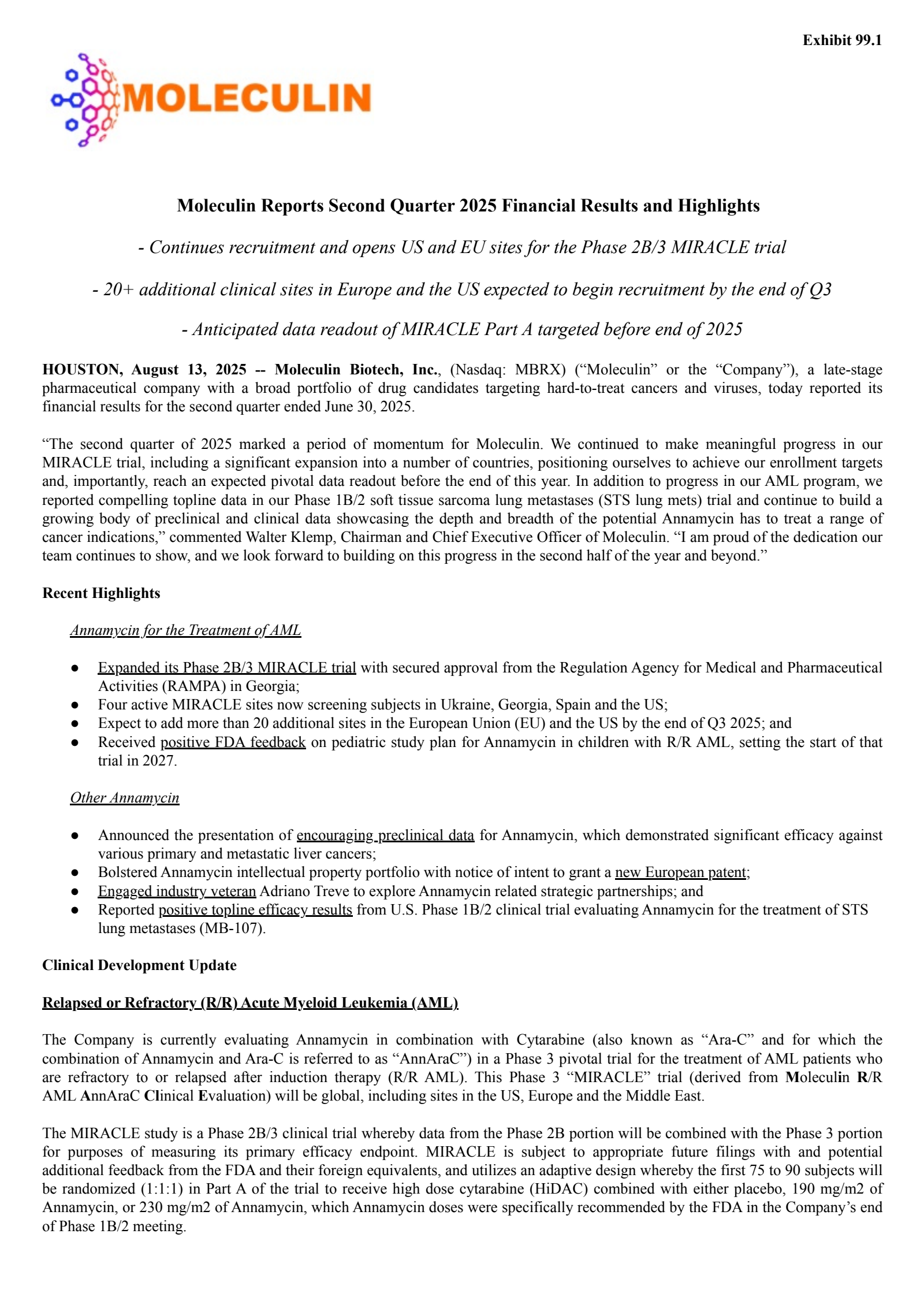Moleculin Biotech's Q2 2025 Press Release