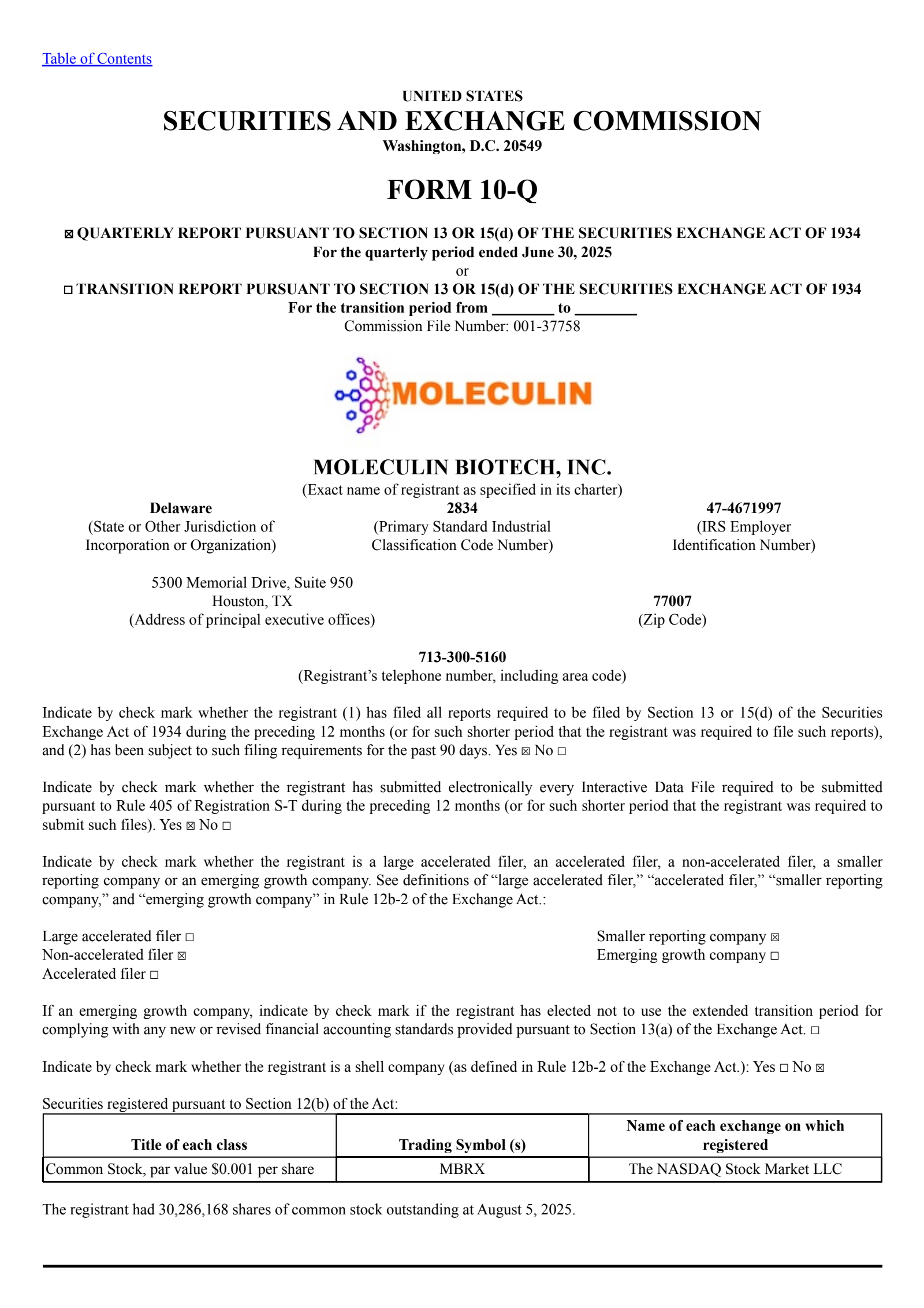 Moleculin Biotech's Q2 2025 Quarterly report