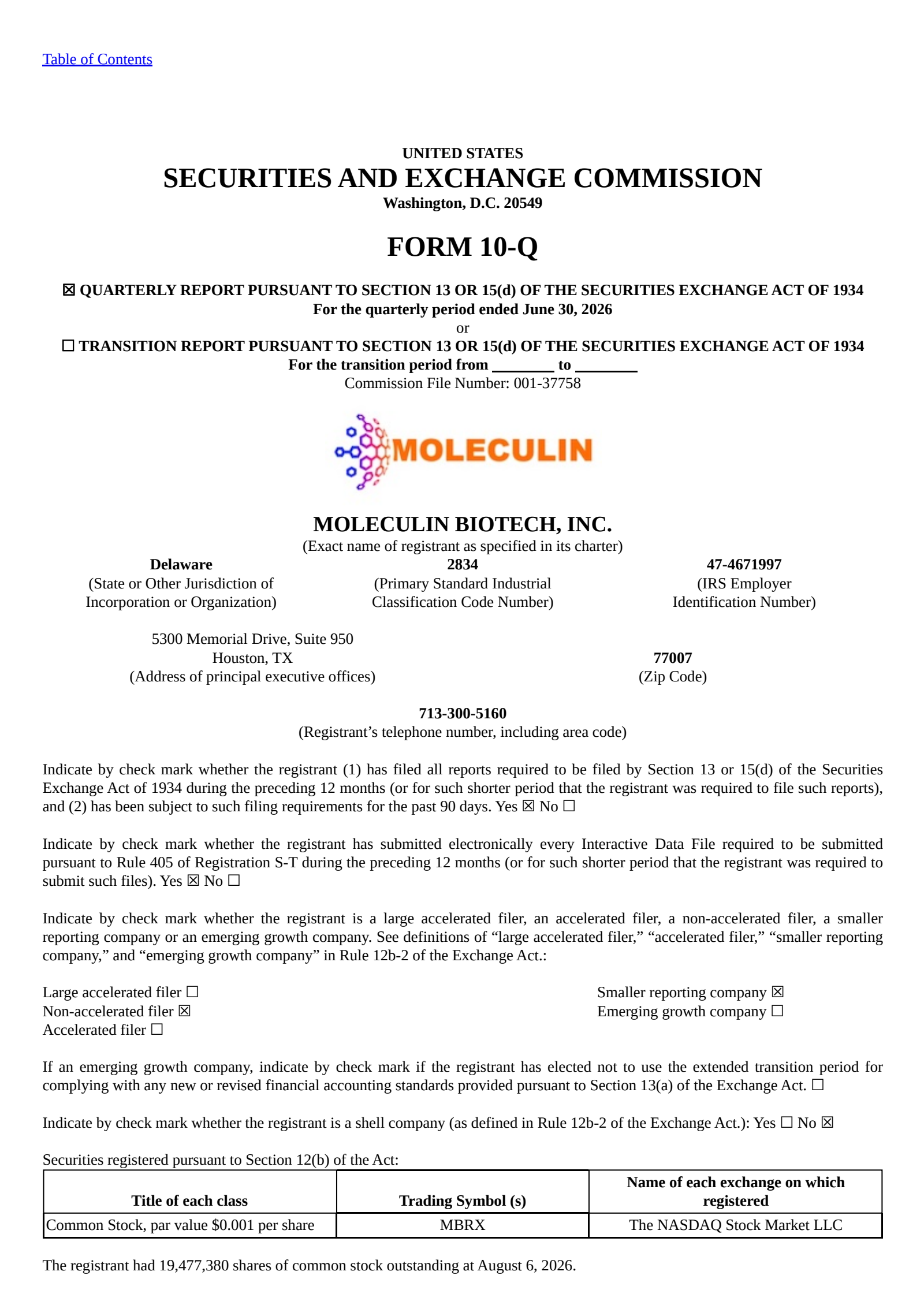 Moleculin Biotech's Q2 2026 Quarterly report