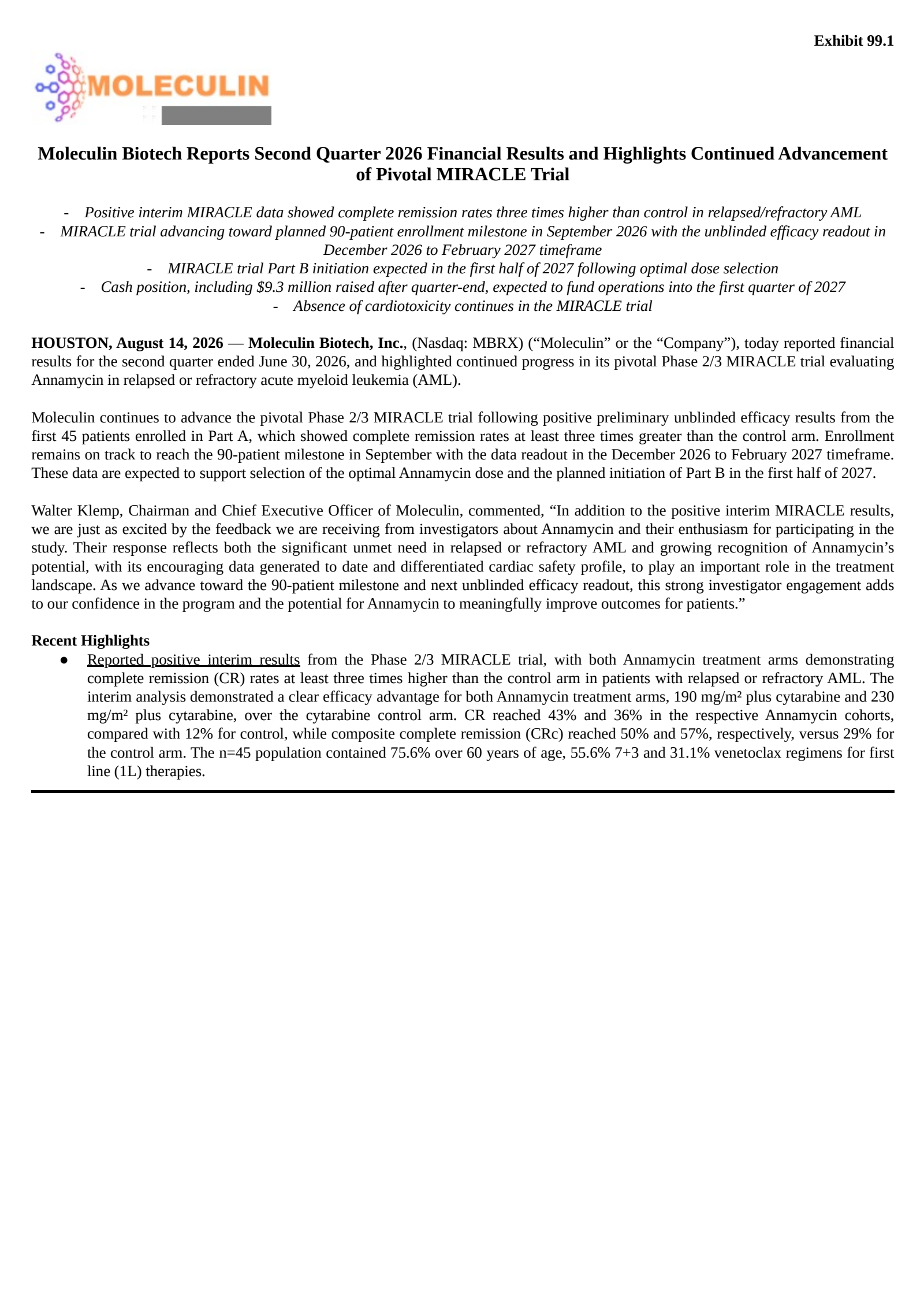 Moleculin Biotech's Q2 2026 Press Release
